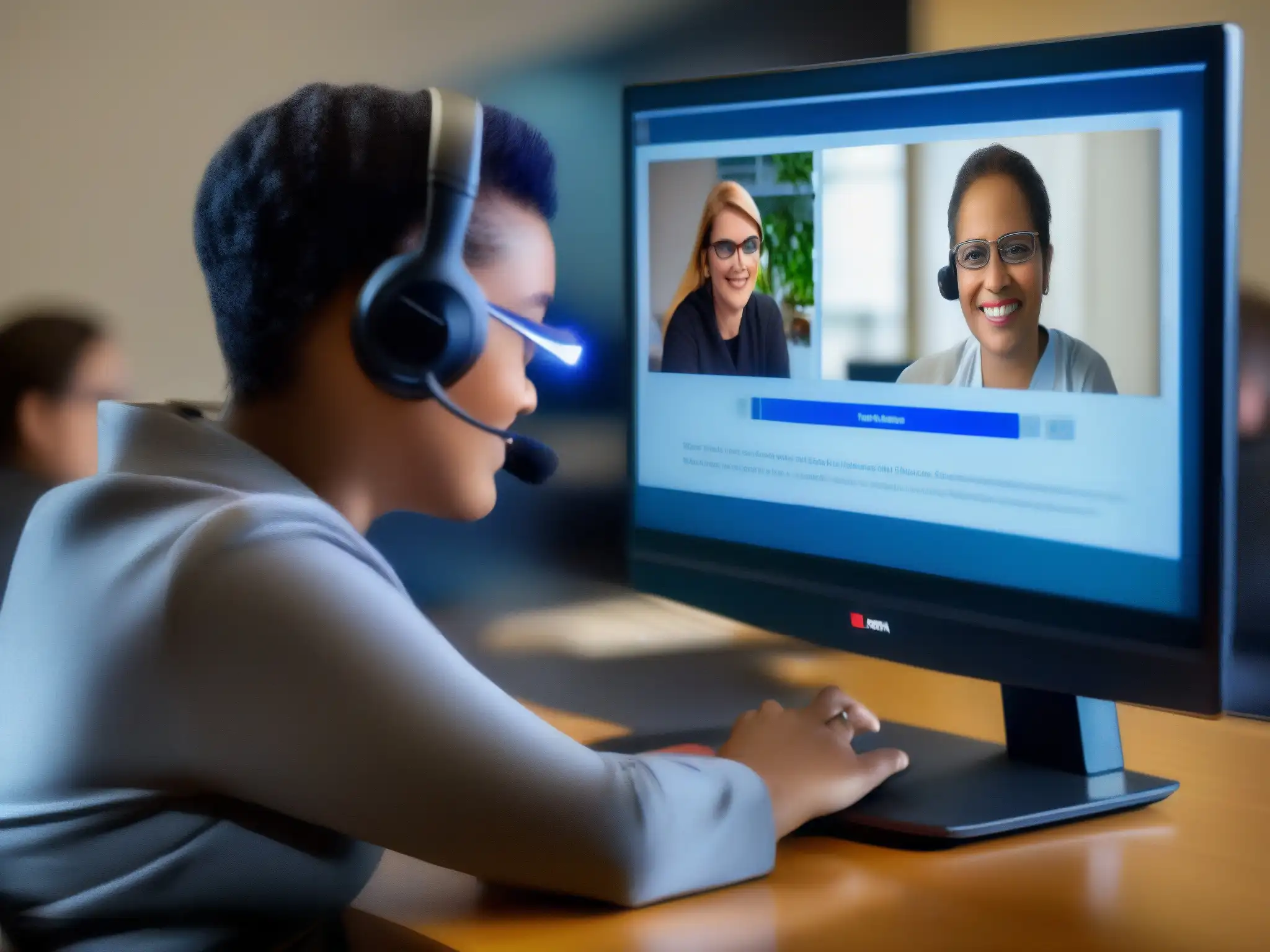 Participante con discapacidad visual en videoconferencia accesible Una persona con discapacidad visual usa un lector de pantalla en una videoconferencia