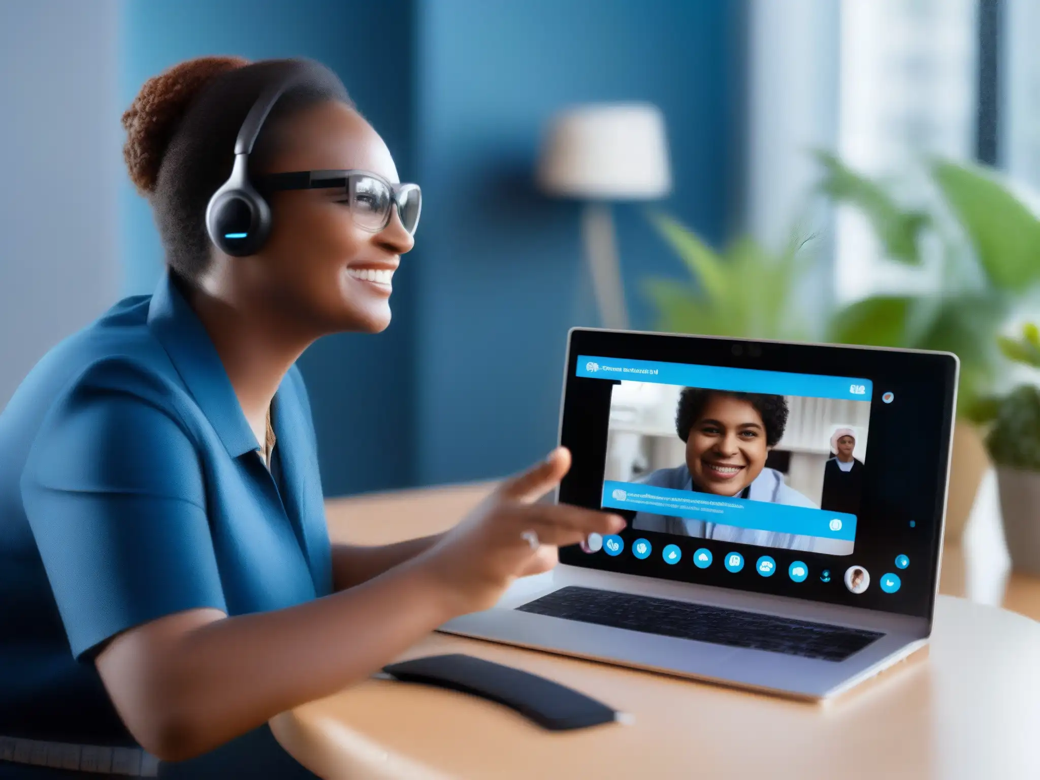Skype accesible: inclusión visual en videollamadas Una persona con discapacidad visual usa Skype con lectores de pantalla en una videoconferencia inclusiva