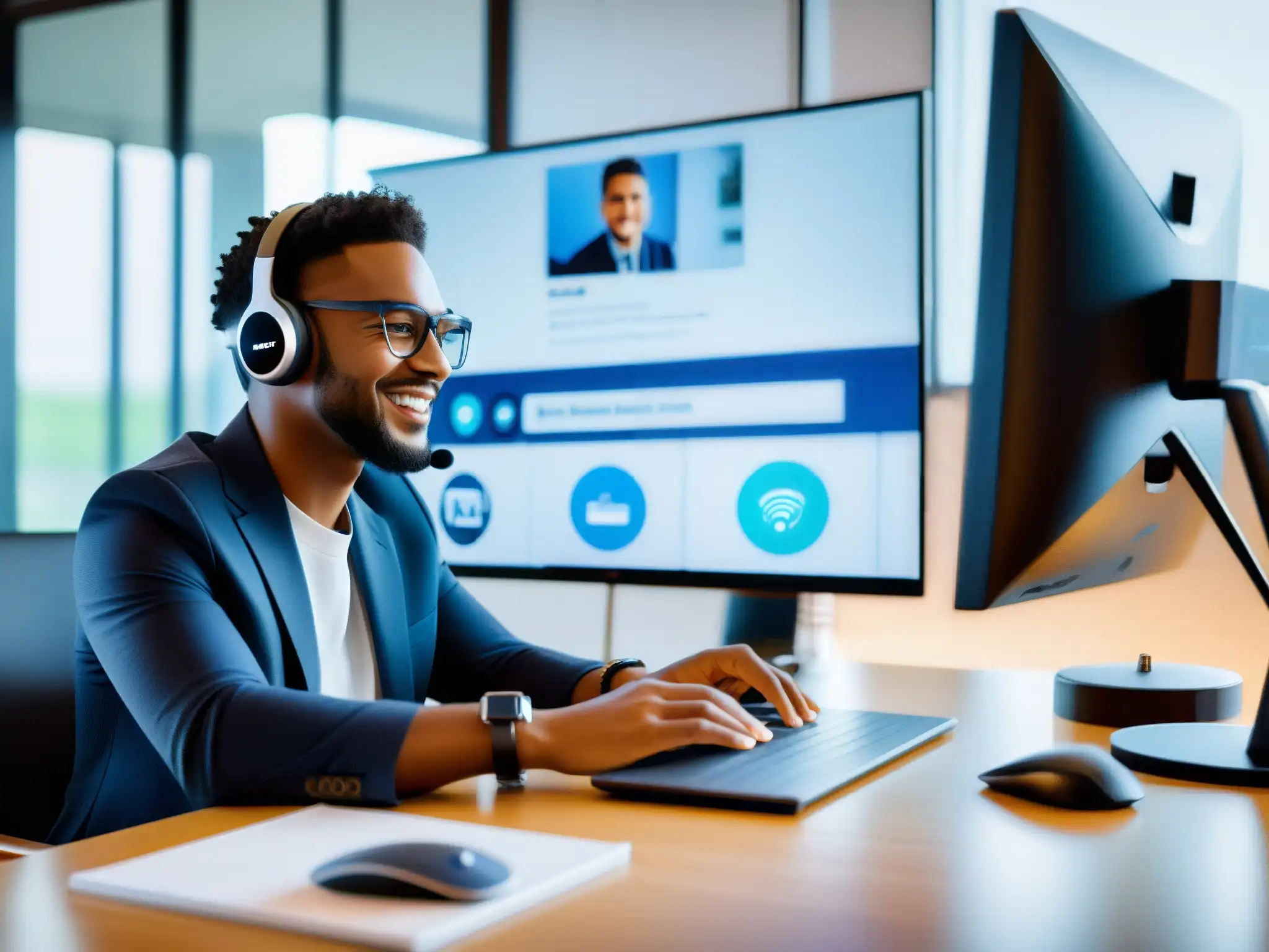Empoderamiento visual: AI en videoconferencias inclusivas Persona con discapacidad visual usa plataforma de videoconferencias con ayuda de comandos de voz IA