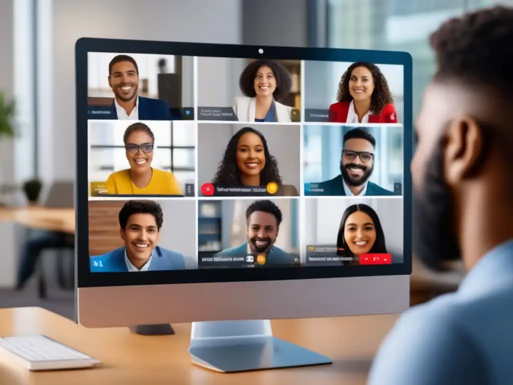 Videoconferencia inclusiva con IA para personas con discapacidad visual Persona con discapacidad visual participando en una videoconferencia con asistencia de inteligencia artificial