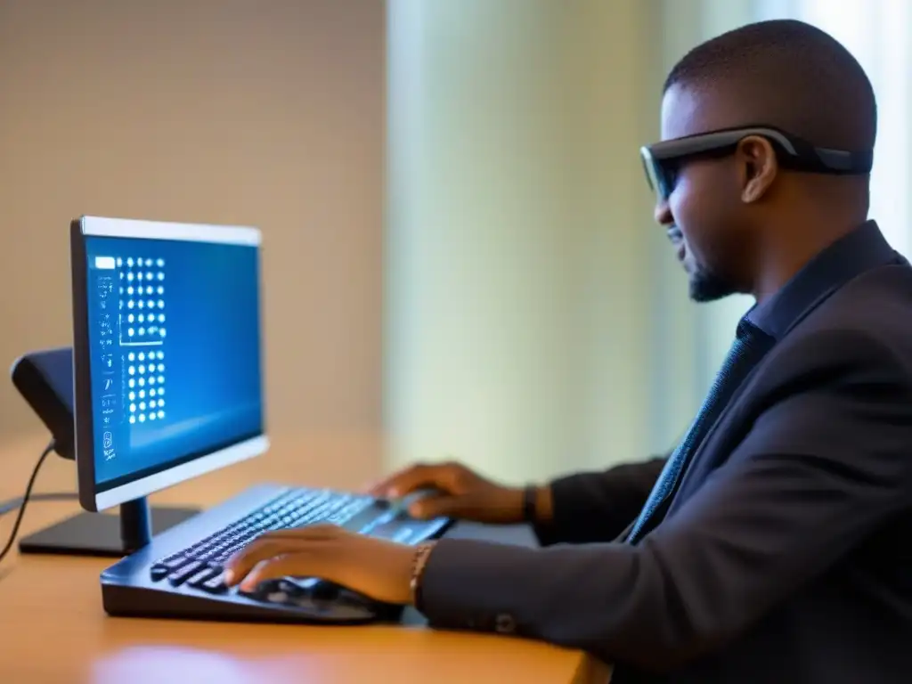 Comunicación inclusiva: Táctil y Tecnología Persona con discapacidad visual usa videoconferencia con retroalimentación táctil en braille, junto a perro guía