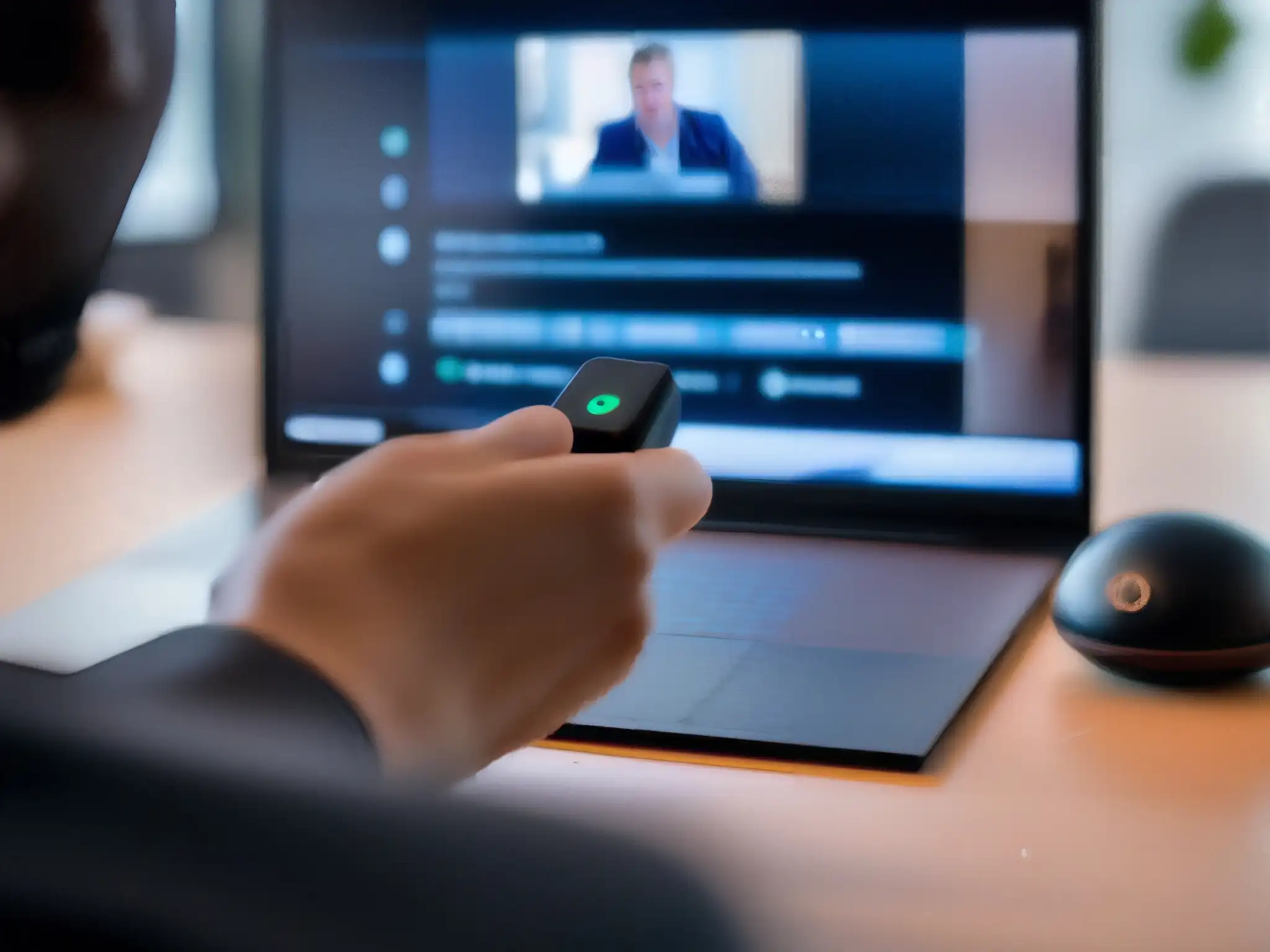 Dispositivo háptico para videoconferencias: inclusivo y moderno 'Persona utilizando dispositivo de retroalimentación táctil en videoconferencias, con diseño moderno y profesional'