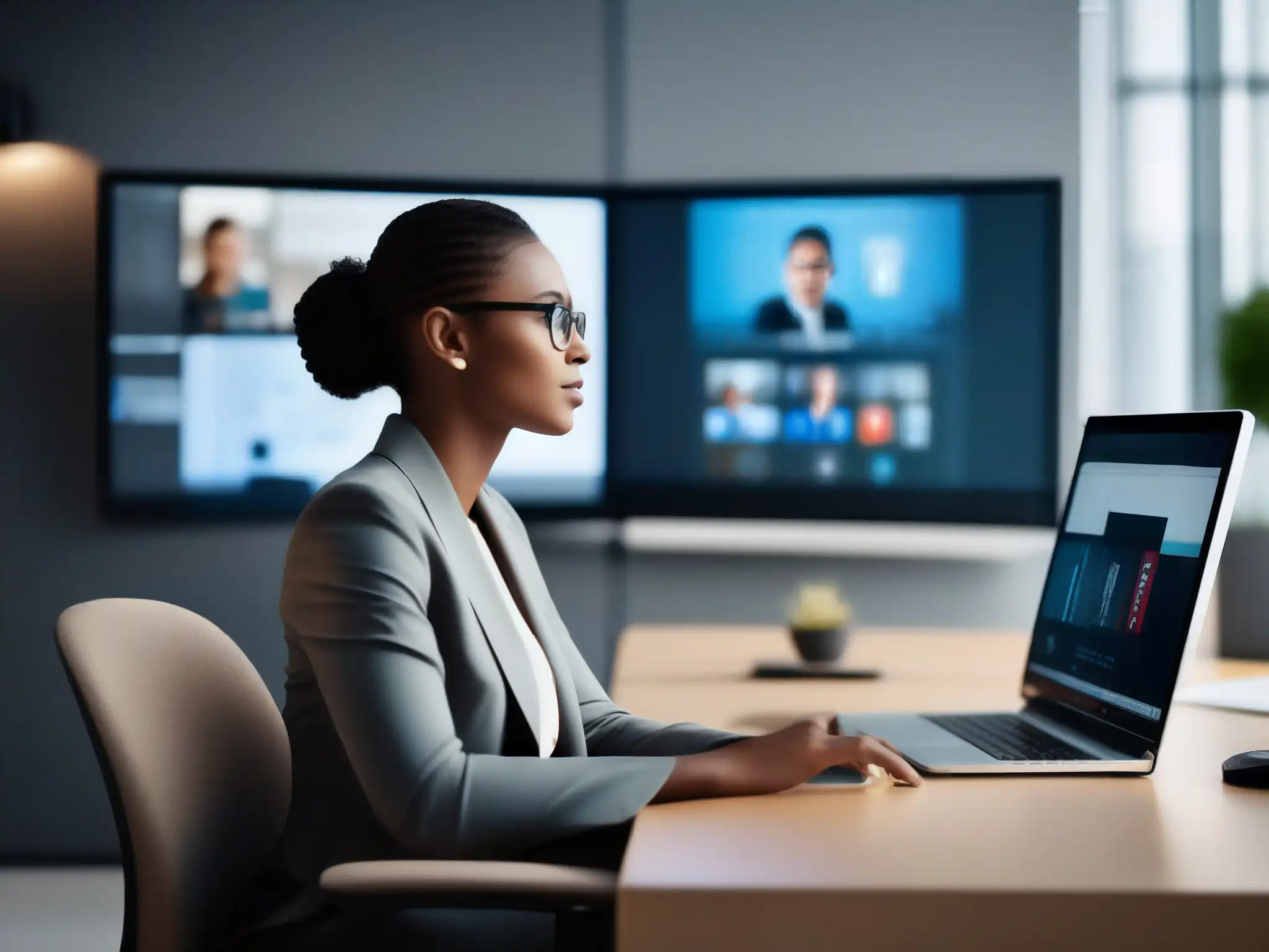 Maestría en videoconferencias: dominio y adaptabilidad Persona con dominio de herramientas de videoconferencia, adaptabilidad y confianza en un entorno profesional y educativo bien iluminado