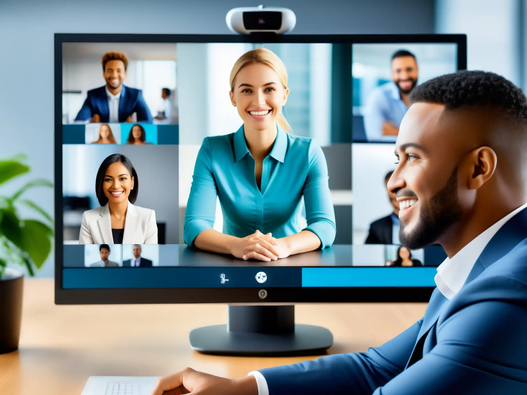 Emociones en videoconferencia: expresiones y conexión en alta resolución Persona mostrando emociones en videoconferencia profesional