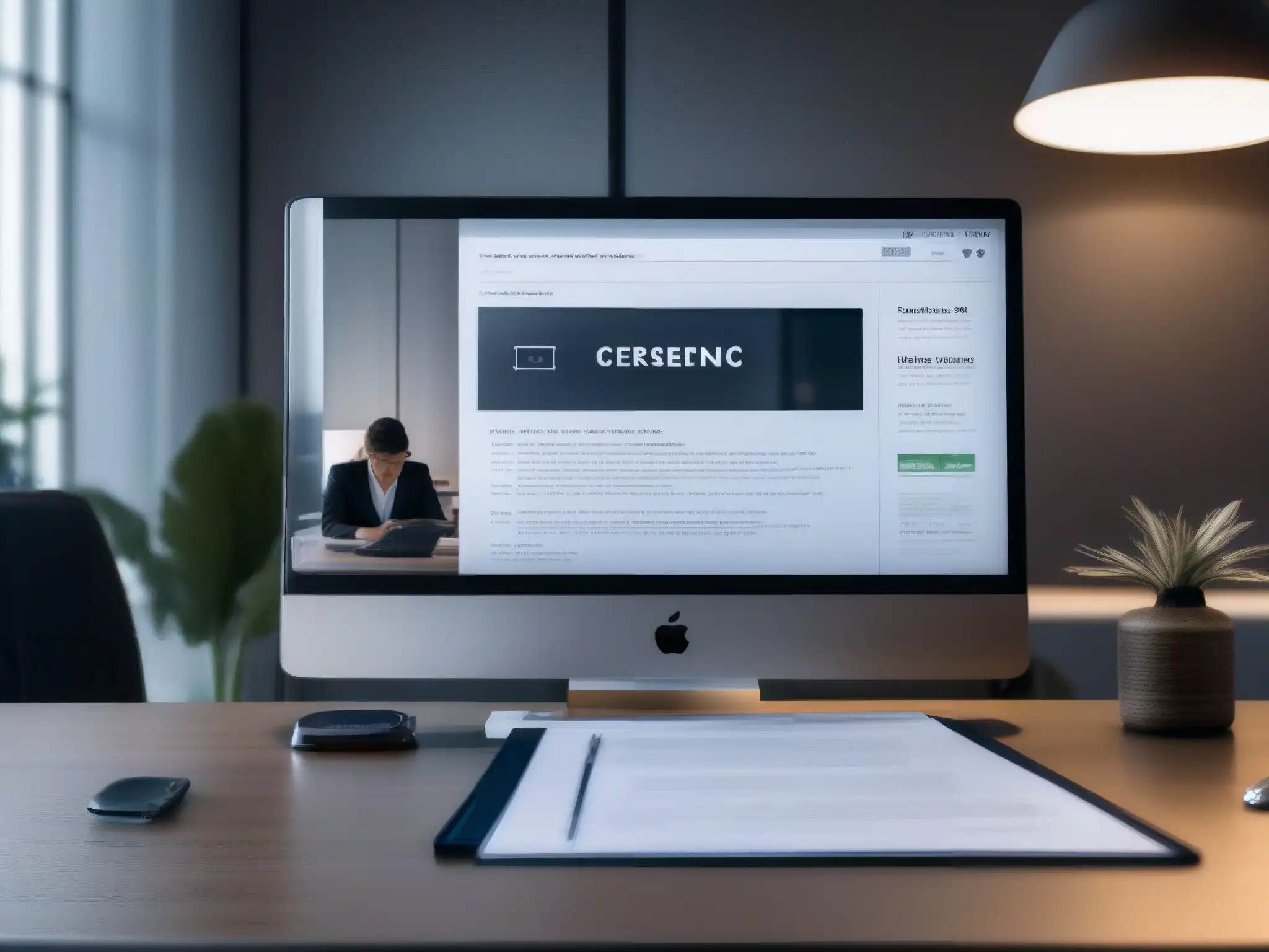 Revisión profesional de políticas de privacidad en videoconferencias Persona enfocada revisando documentos legales sobre herramientas de videoconferencia y términos de privacidad en una oficina moderna y profesional