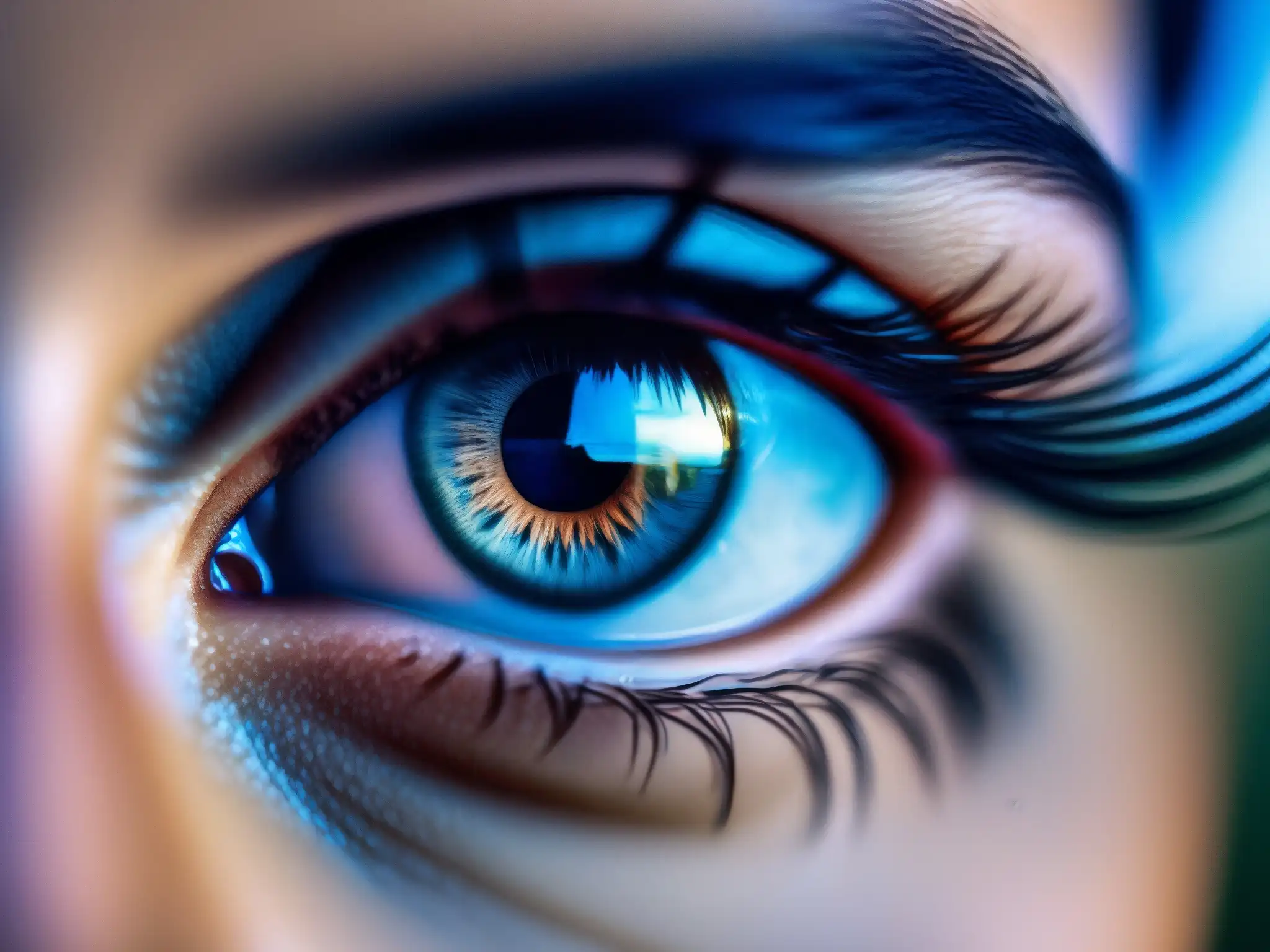 Mirada enfocada: Importancia del contacto visual en videoconferencias Persona enfocada en la pantalla durante videoconferencia, con líneas de seguimiento ocular facial sutilmente superpuestas