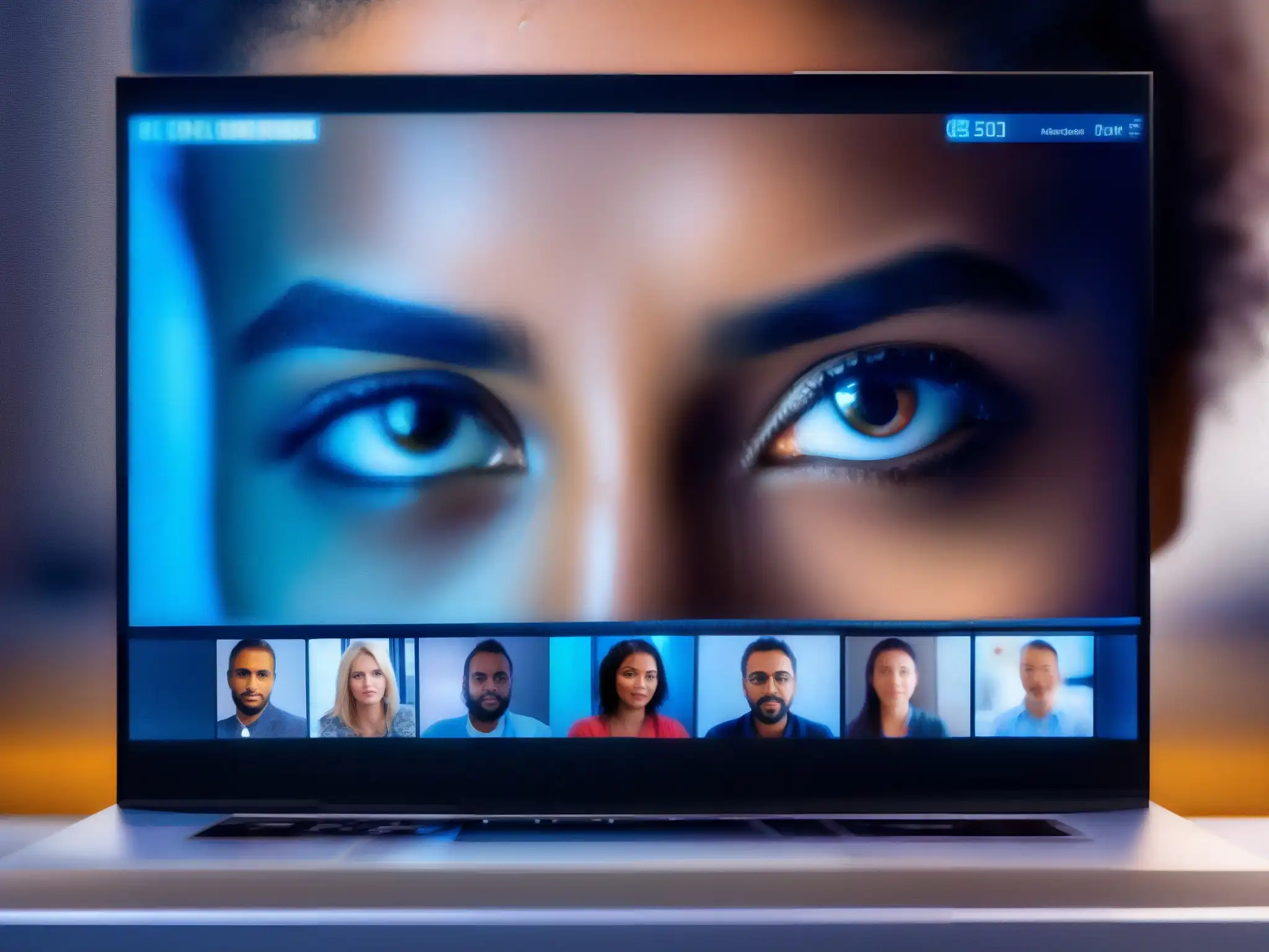 Intensa concentración en videoconferencia: privacidad maximizada Persona enfocada evalúa la privacidad en plataforma videoconferencia