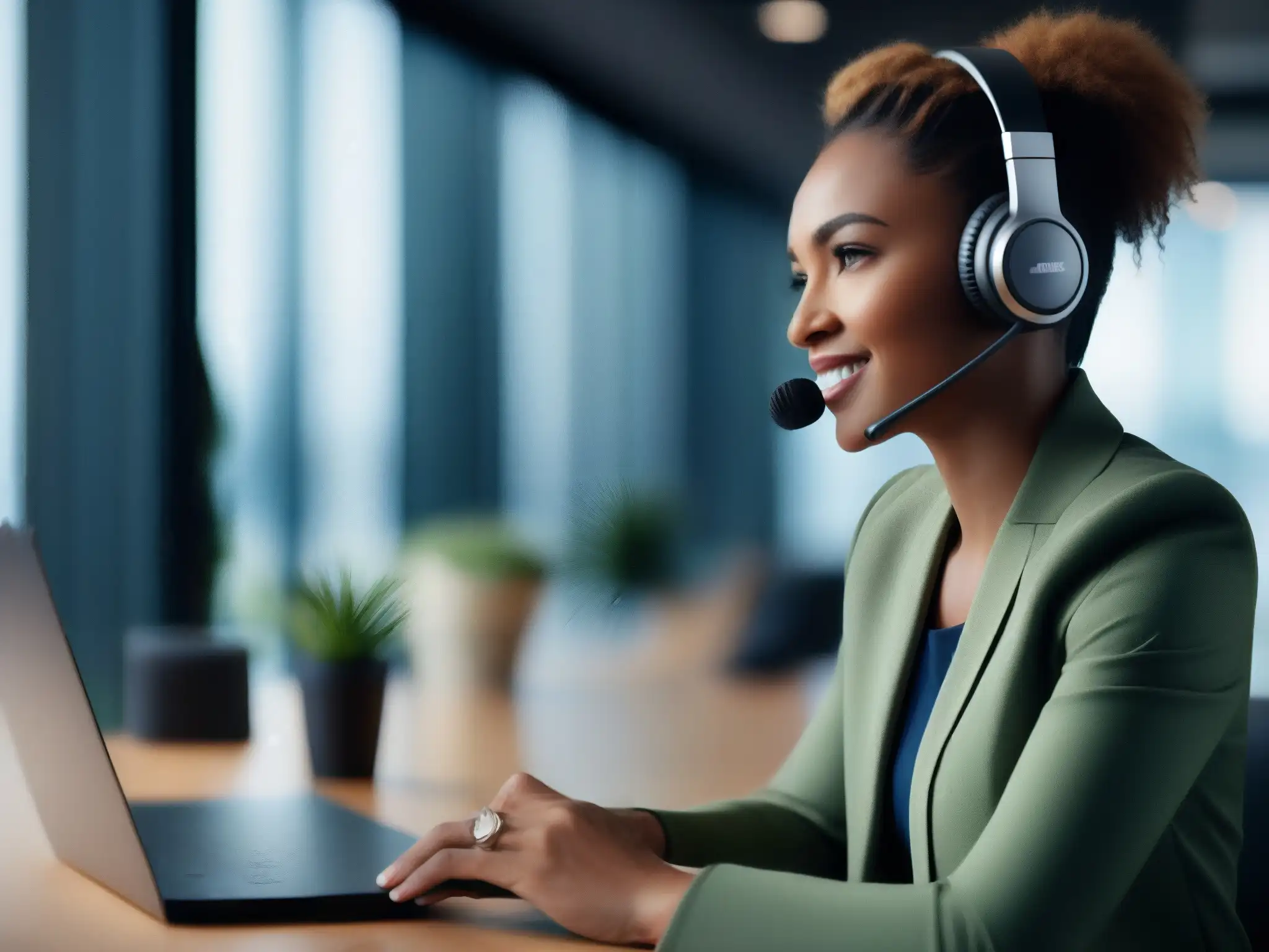 Profesionalidad en videoconferencia: persona enfocada con auriculares y micrófono en entorno moderno Persona enfocada y profesional en videoconferencia, destacando la calidad de audio