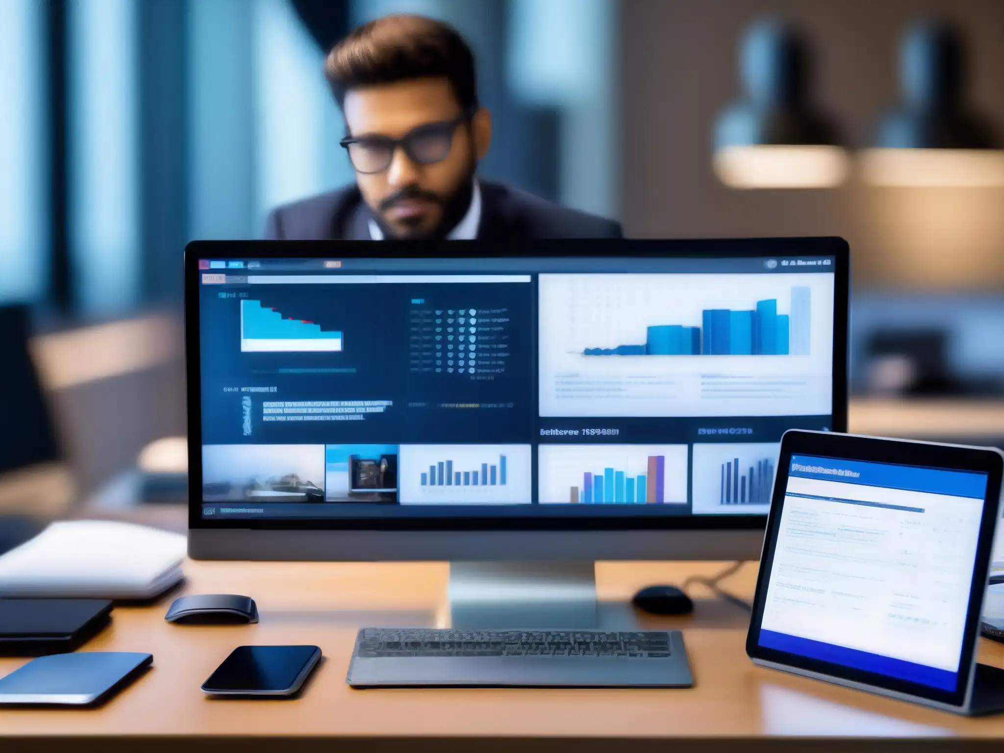 Webinar dinámico: Estrategias efectivas Persona enfocada en seminario web, rodeada de tecnología, con presentación dinámica en pantalla