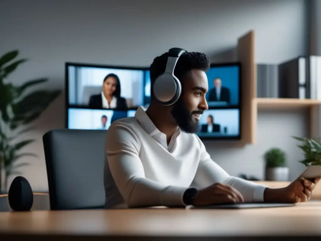 Profesional en videoconferencia con auriculares de alta calidad Persona enfocada en videoconferencia, con auriculares de alta calidad y ambiente profesional