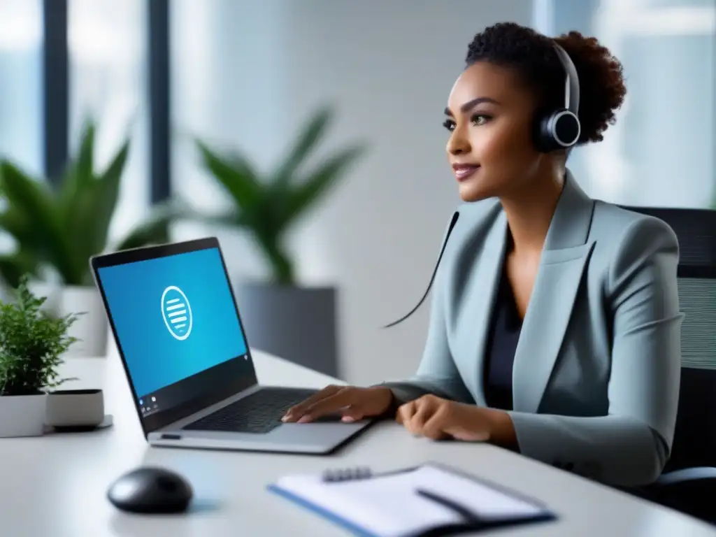 Productividad profesional en videoconferencias Persona enfocada en videoconferencia, gestión de fatiga digital en un espacio de trabajo organizado y calmo con plantas