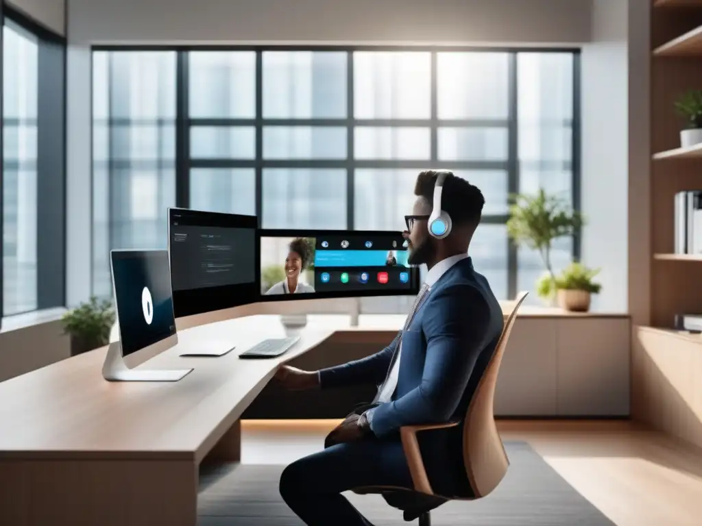 Oficina en casa moderna: videoconferencia profesional Persona enfocada en videoconferencia en un moderno espacio de trabajo con notificaciones bien configuradas