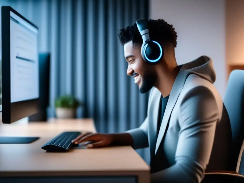 Profesional en videoconferencia: enfoque y productividad Persona enfocada en videoconferencia en oficina moderna y silenciosa usando Herramientas de videoconferencia para controlar ruido ambiental