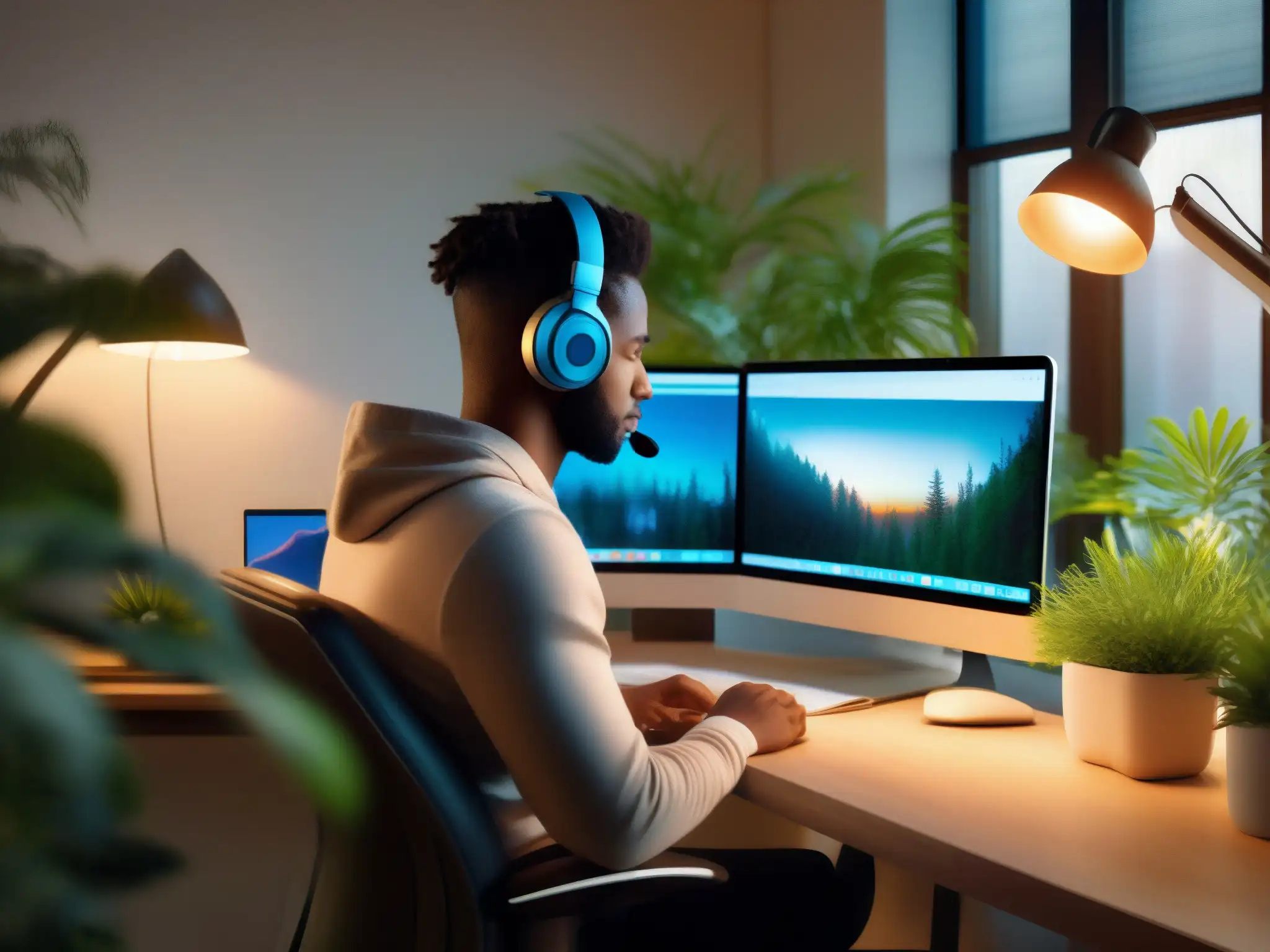 Entorno de trabajo productivo y relajante con ergonomía y plantas Persona trabajando en un entorno ergonómico y tranquilo, rodeada de plantas y luz natural