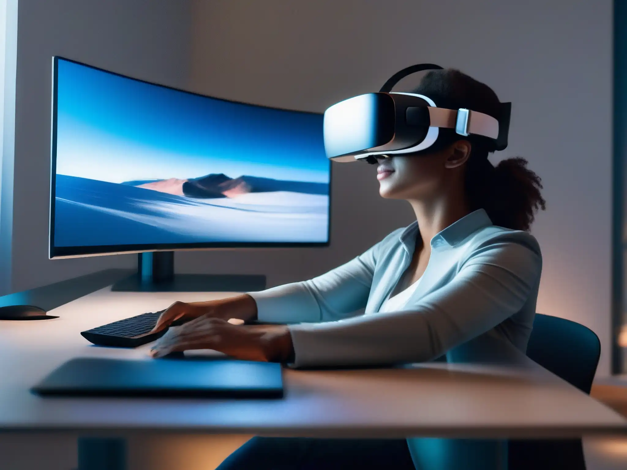 Explorando mundos virtuales en un espacio minimalista Persona interactuando en entorno de realidad virtual, con configuración moderna para videoconferencias