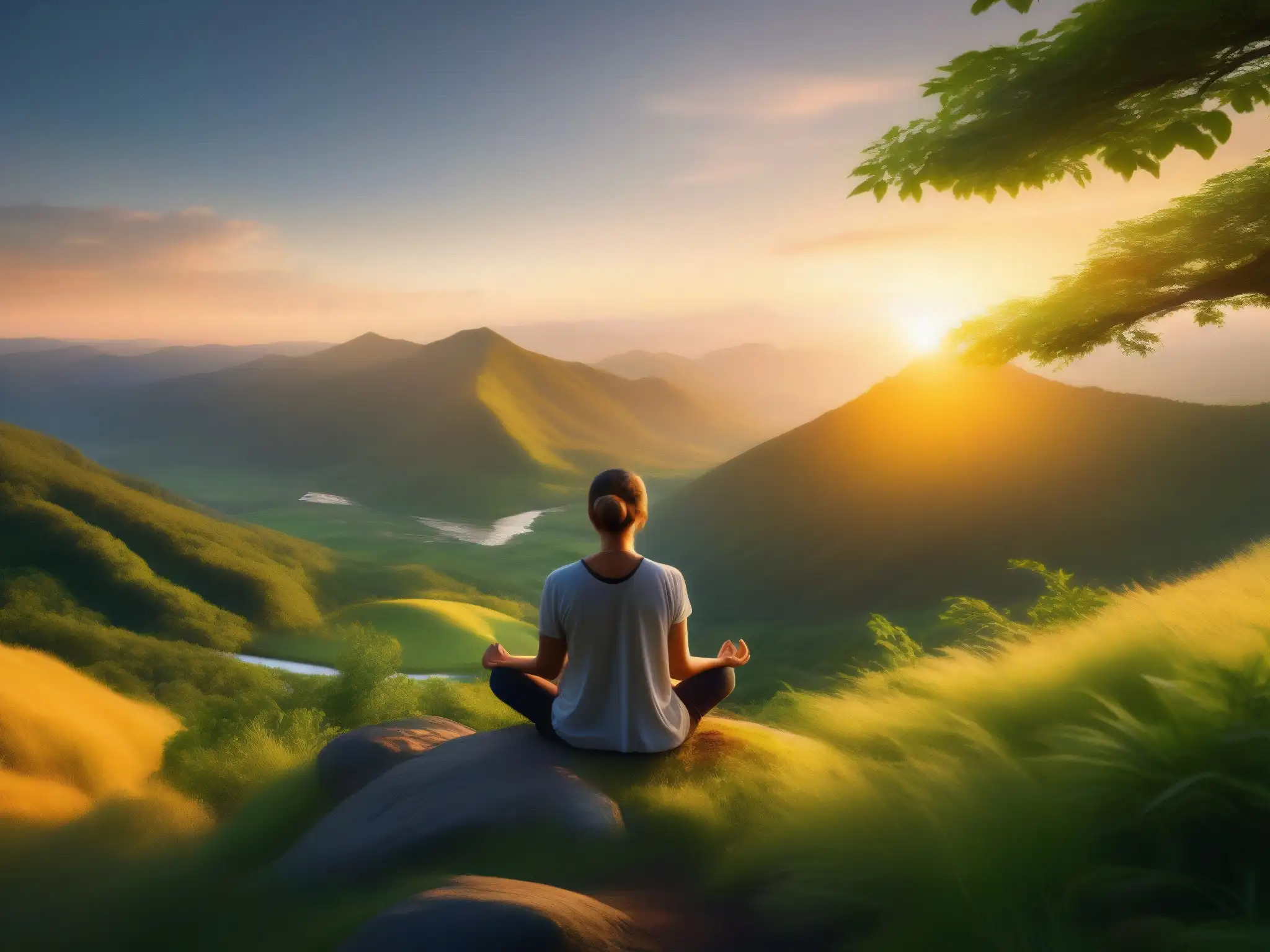 Práctica de mindfulness al amanecer en la montaña Persona en equilibrio practicando mindfulness en la cima de la montaña, rodeada de naturaleza, para estrategias de vida personal en videoconferencias