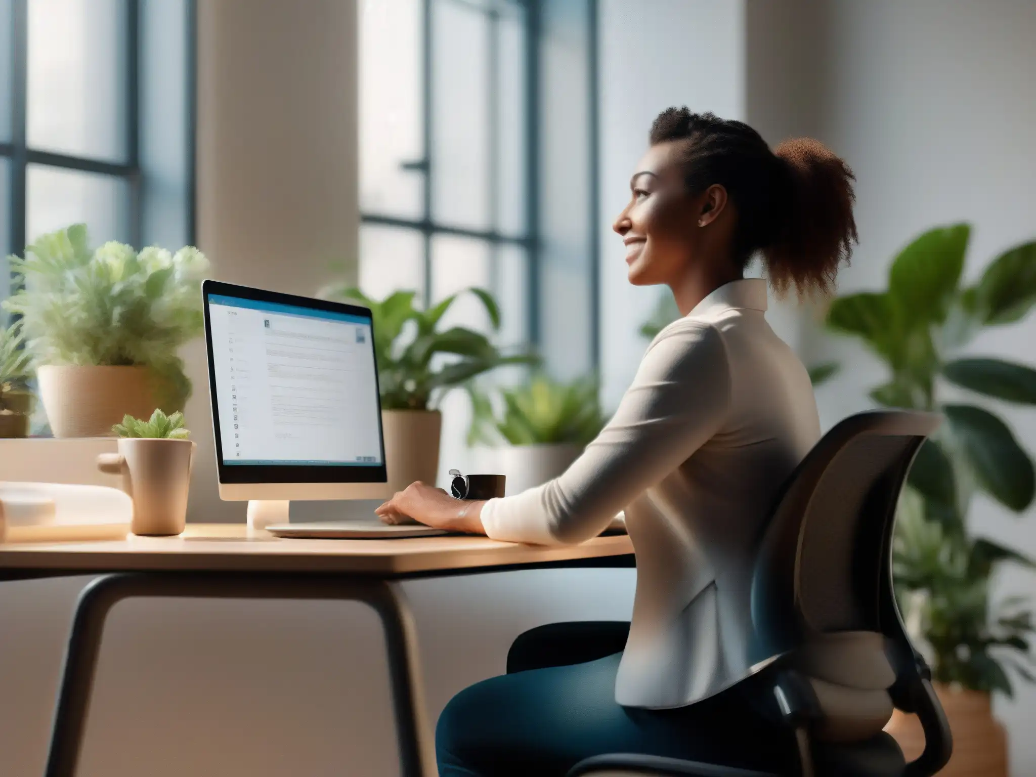 Entorno de trabajo ergonómico y saludable para videoconferencias Persona trabajando en un escritorio ergonómico con postura adecuada y accesorios saludables