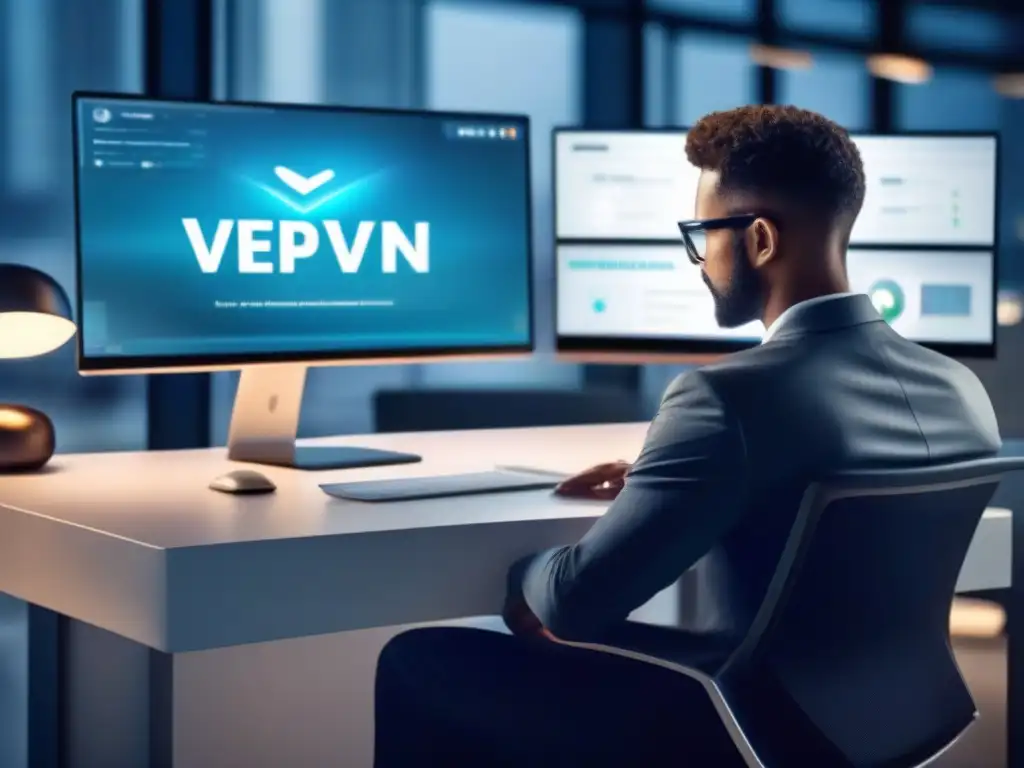Profesional con laptop en entorno seguro y moderno Persona en escritorio moderno con laptop y VPN, transmitiendo seguridad profesional