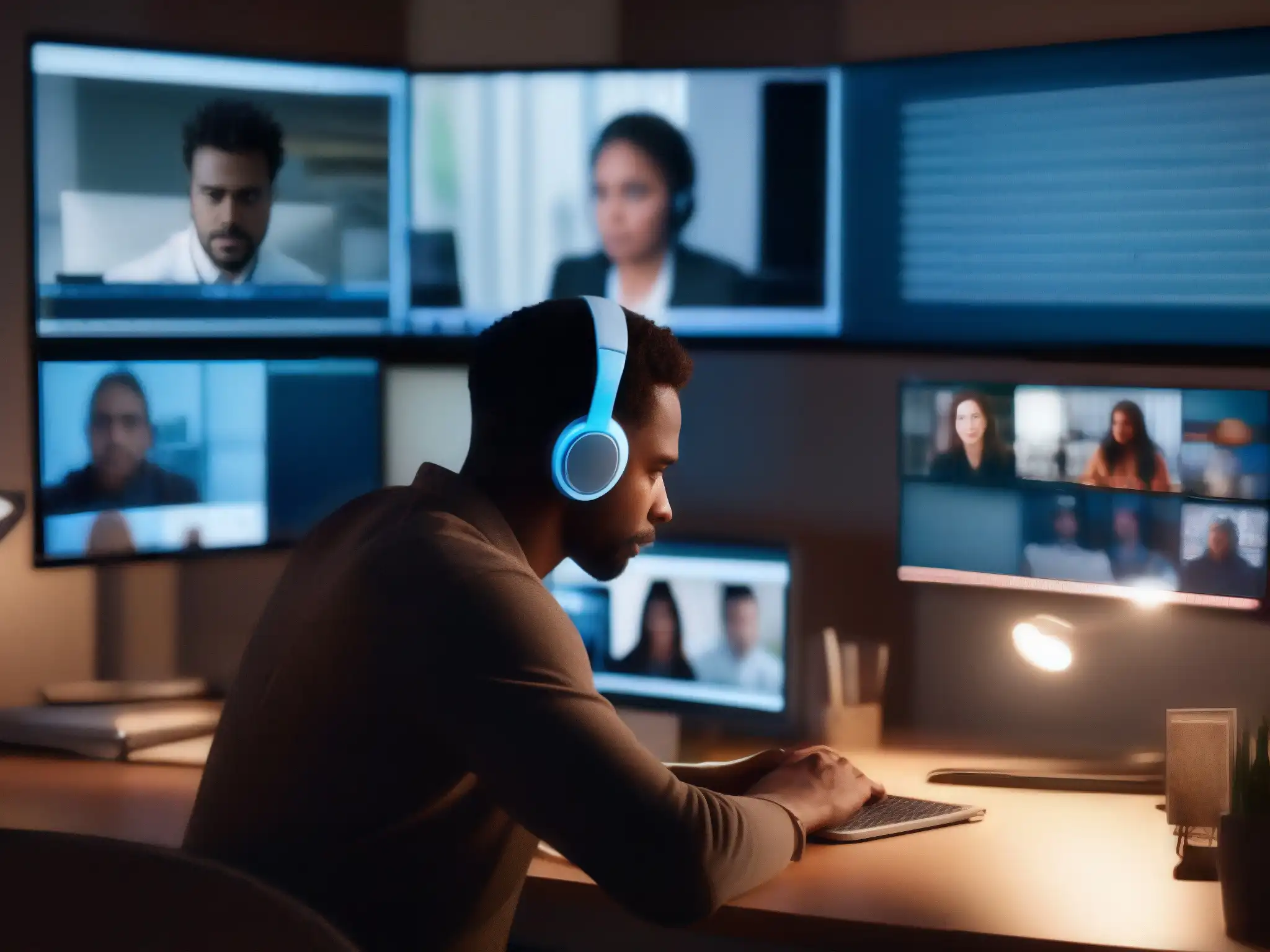 Desgaste laboral: Estrés en videoconferencias Persona estresada en videoconferencia, ambiente tenso y abrumador
