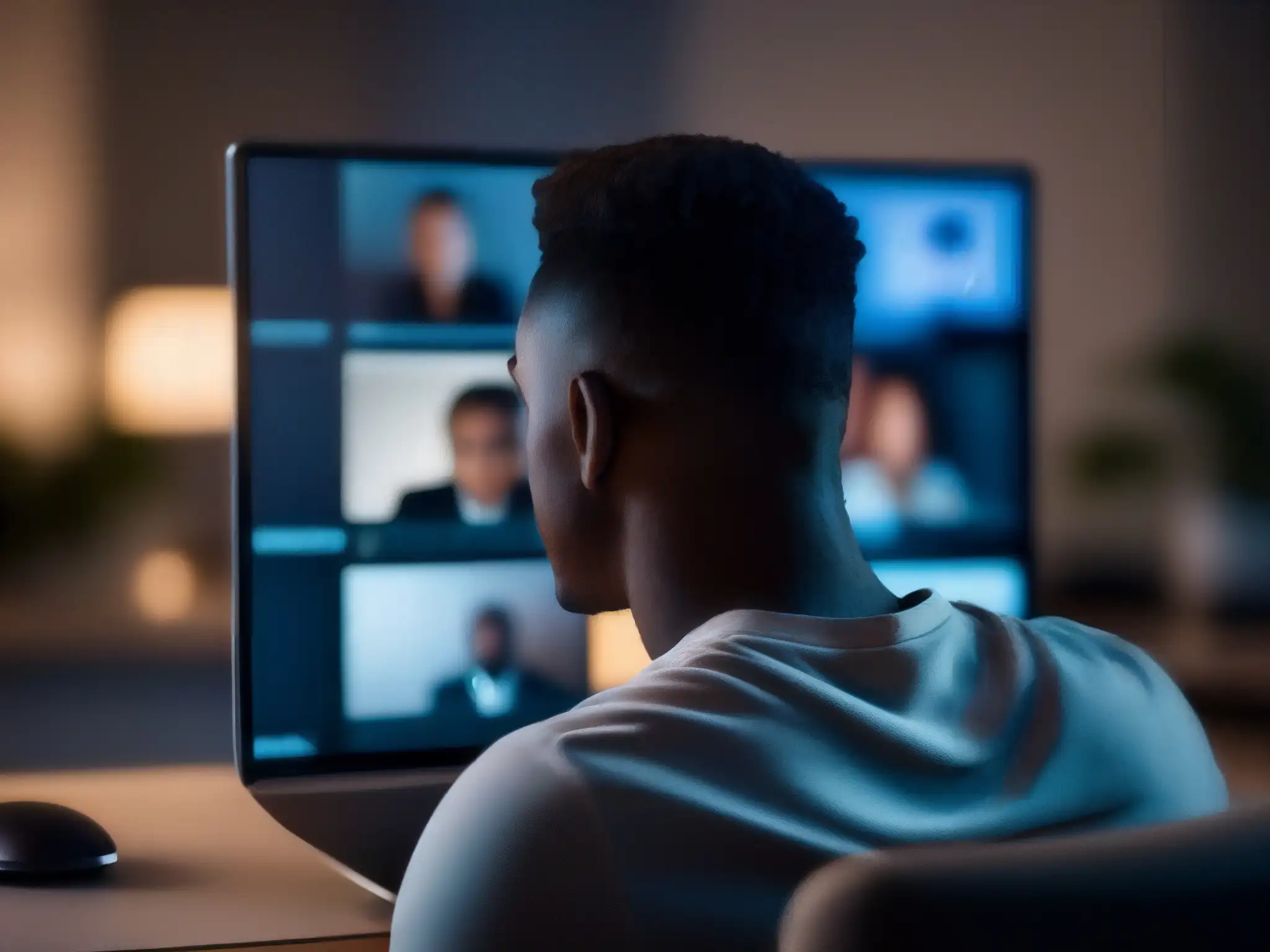 Intensa tensión en videoconferencia: rostro estresado frente a la pantalla Persona estresada en videoconferencia, mostrando efectos del estrés en videoconferencias