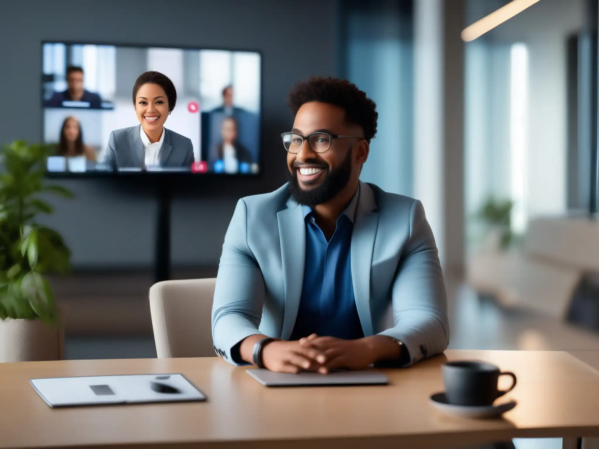 Optimizando calidad en videoconferencia: profesionalidad y confianza Persona experta en videoconferencias resuelve errores comunes