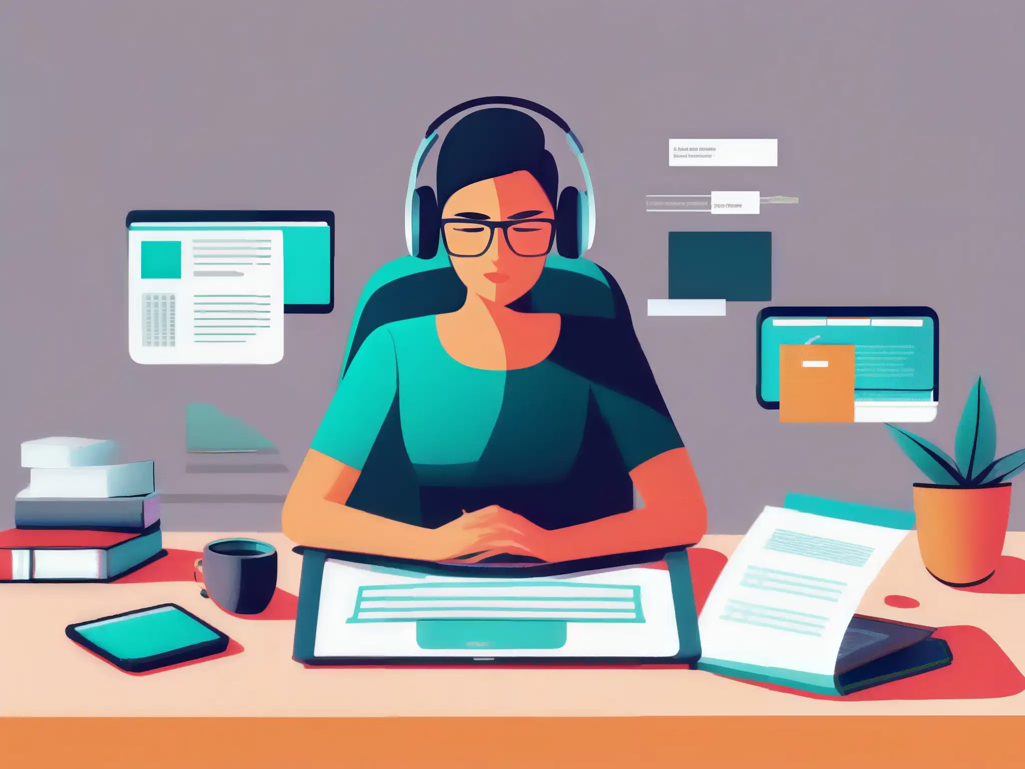 Desafíos de la fatiga digital en el trabajo Persona gestionando fatiga digital en videoconferencia, rodeada de dispositivos y documentos en un espacio de trabajo moderno y minimalista