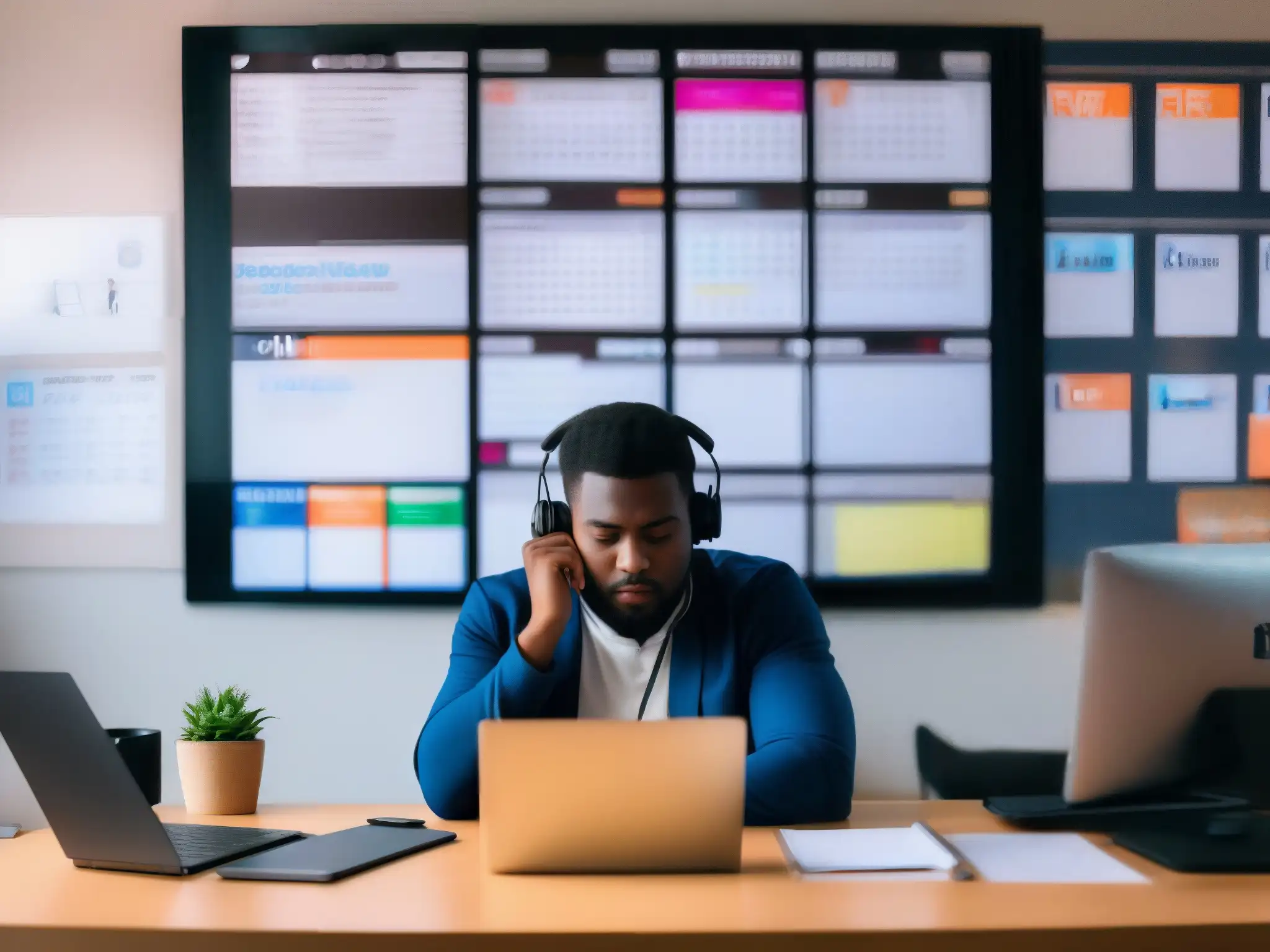 Agotamiento por videoconferencias: la realidad del trabajo remoto Persona fatigada en videoconferencia, evitando agotamiento en reuniones virtuales profesionales