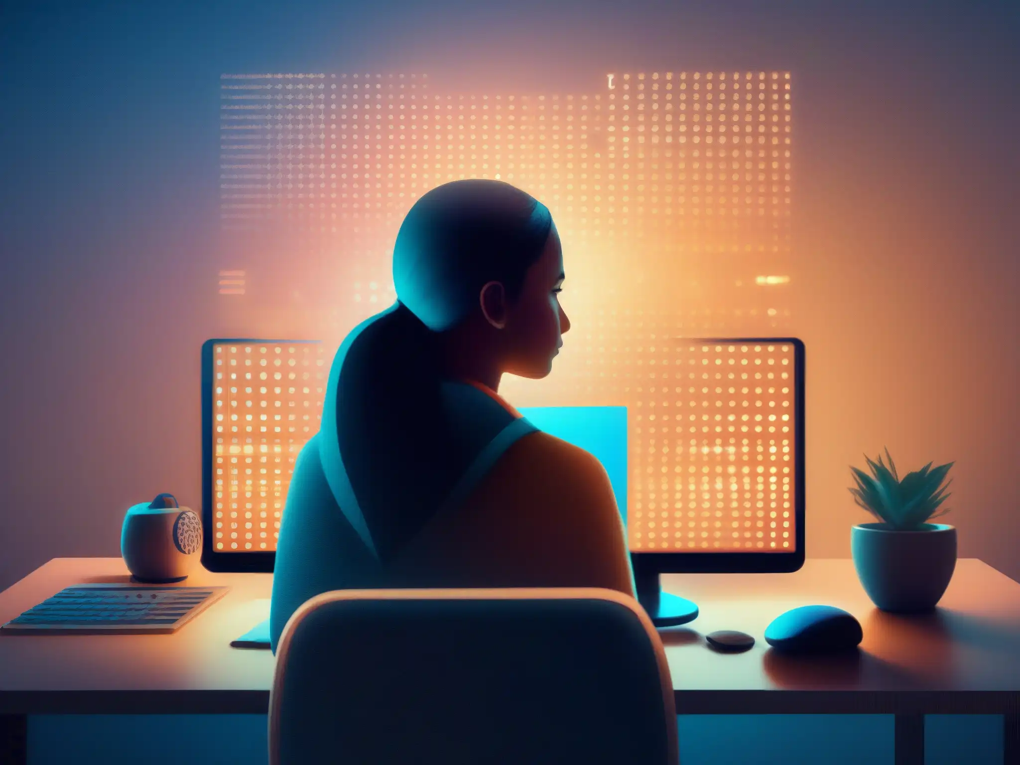 Protección de privacidad en videoconferencias: seguridad ultramoderna Persona con filtro de privacidad en la videoconferencia, símbolos de encriptación digital dan un toque de anonimato y seguridad