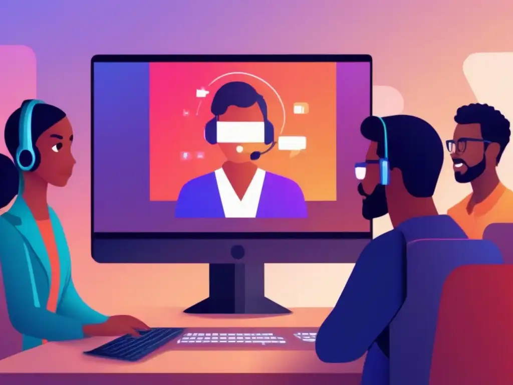 Videoconferencia frustrante: soluciones para conexiones lentas Persona frustrada ajustando soluciones videoconferencias bajo ancho banda, con pixelación en la pantalla y grupo diverso esperando unirse a la llamada