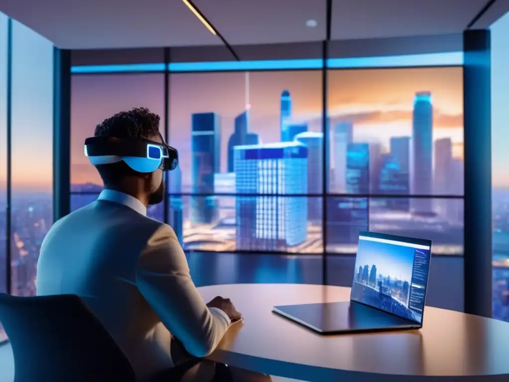 Realidad aumentada en videoconferencias: sala virtual futurista Persona usando gafas AR en sala de reuniones virtual con gráficos flotantes y participantes remotos