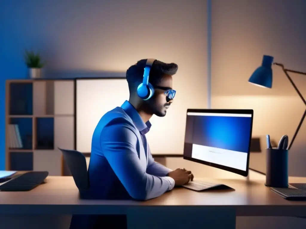 Oficina ergonómica con gafas de filtro de luz azul Persona usando gafas filtro luz azul en escritorio bien iluminado