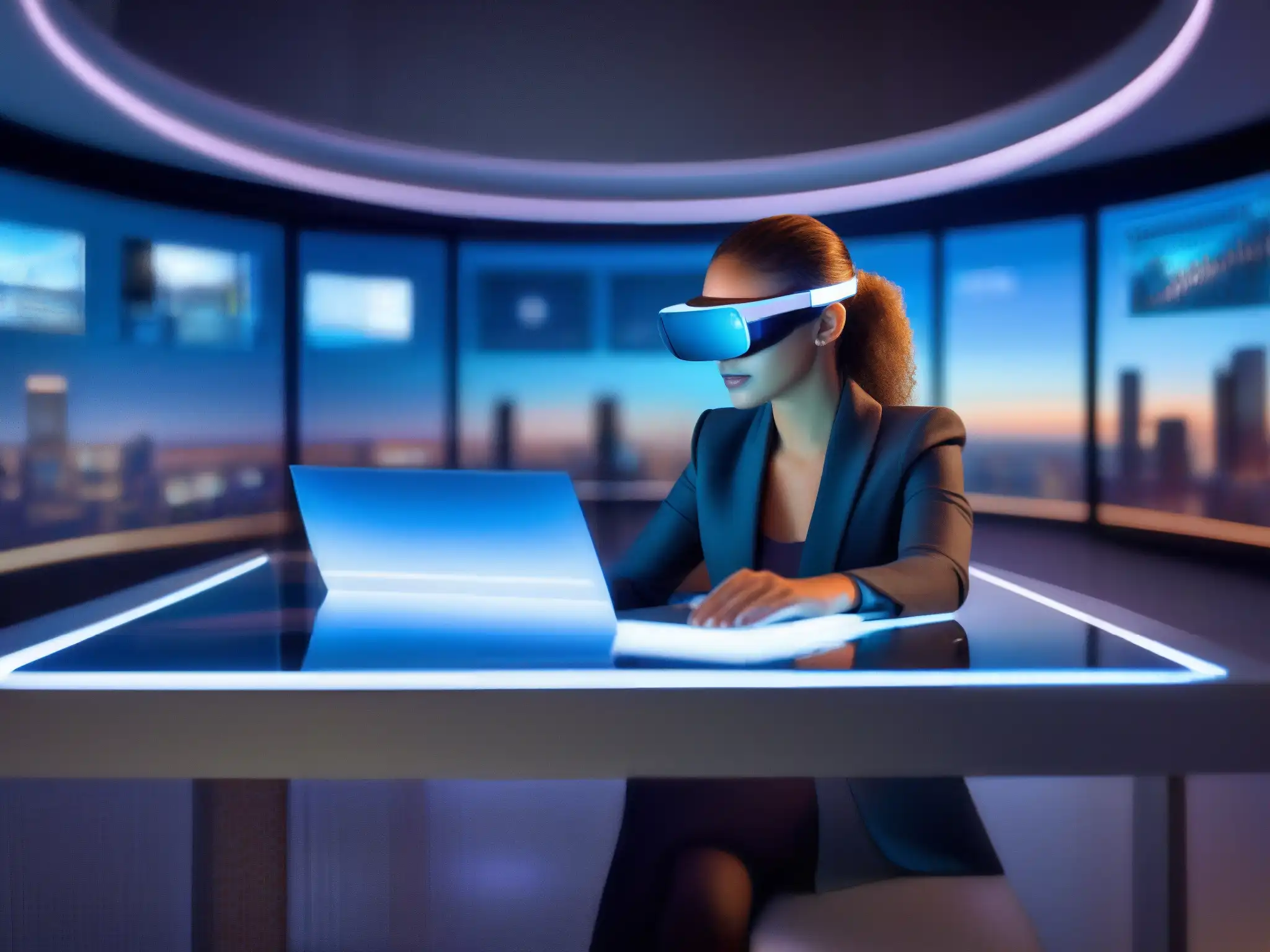 Conferencia virtual inmersiva con gafas de realidad aumentada Persona usa gafas de realidad aumentada en moderno escritorio con software para videoconferencias, rodeada de hologramas