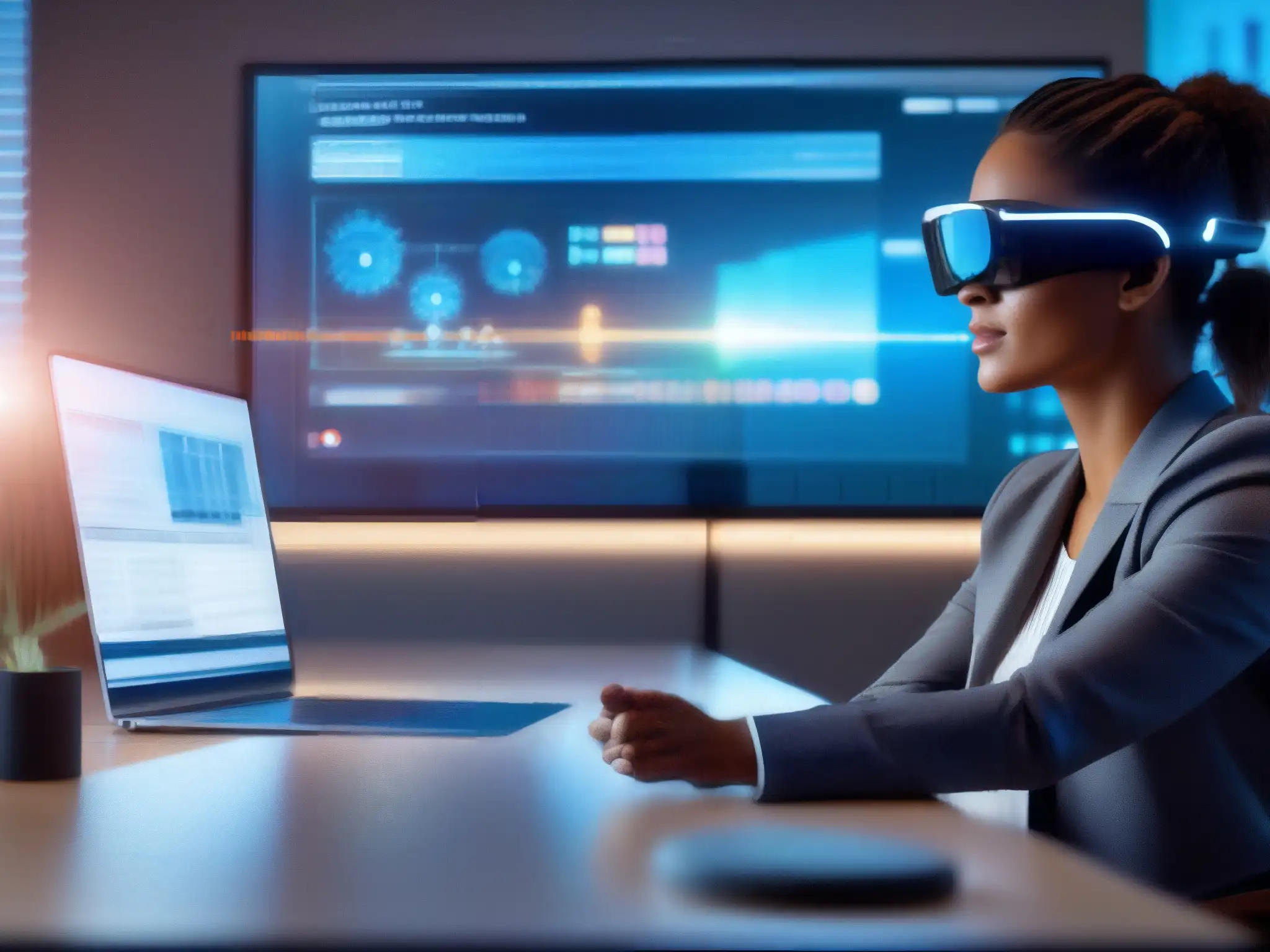 Conferencia virtual con realidad aumentada futurista Persona usando gafas de realidad aumentada en videoconferencia con modelos 3D y visualizaciones de datos
