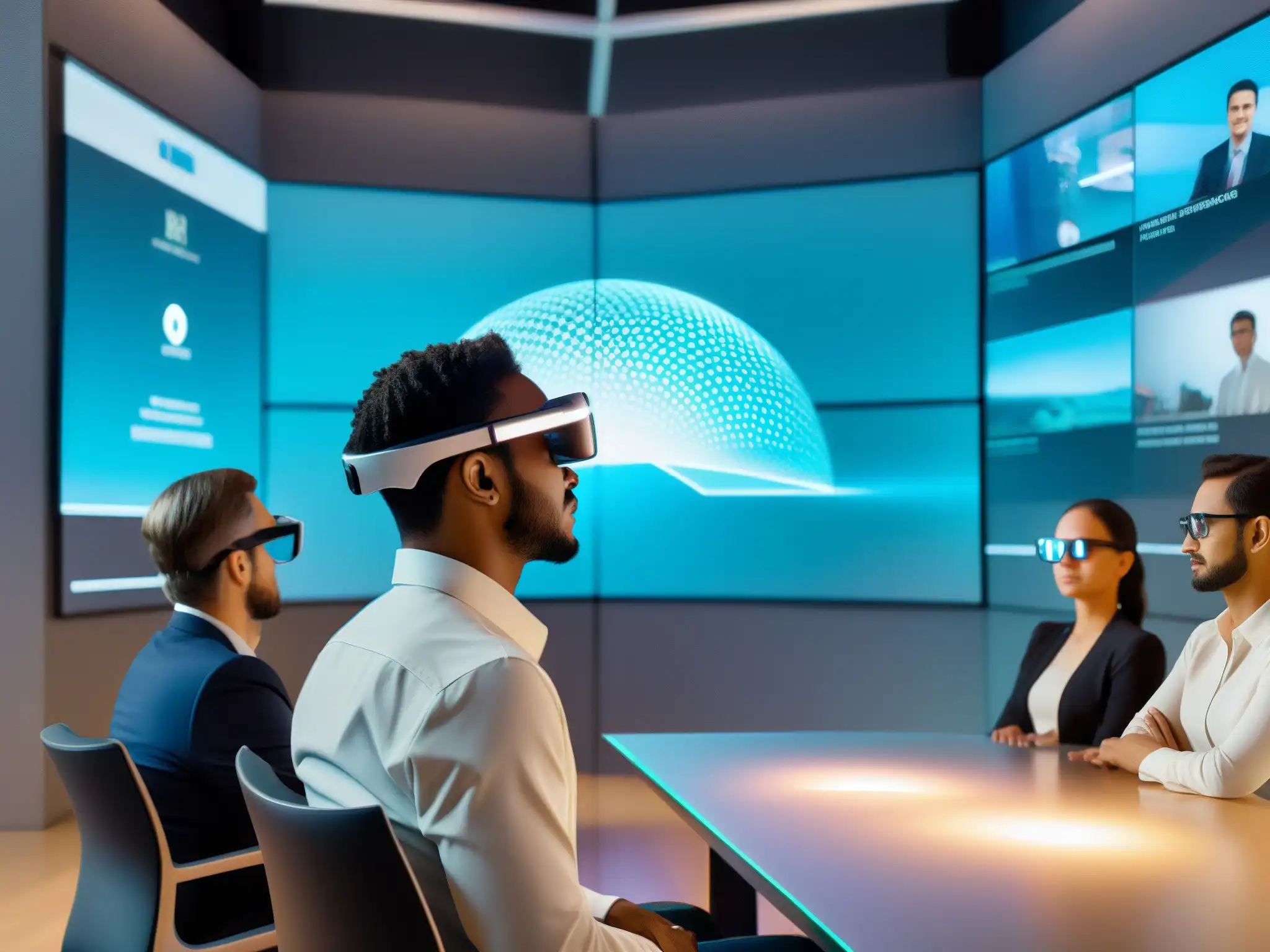 Conferencia virtual en realidad aumentada Persona con gafas de realidad aumentada en una sala de videoconferencias virtuales con hologramas y elementos interactivos