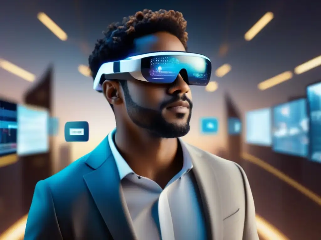 Realidad aumentada en videoconferencias: visión futurista Persona usando gafas de realidad aumentada en videoconferencia profesional con datos y gráficos digitales