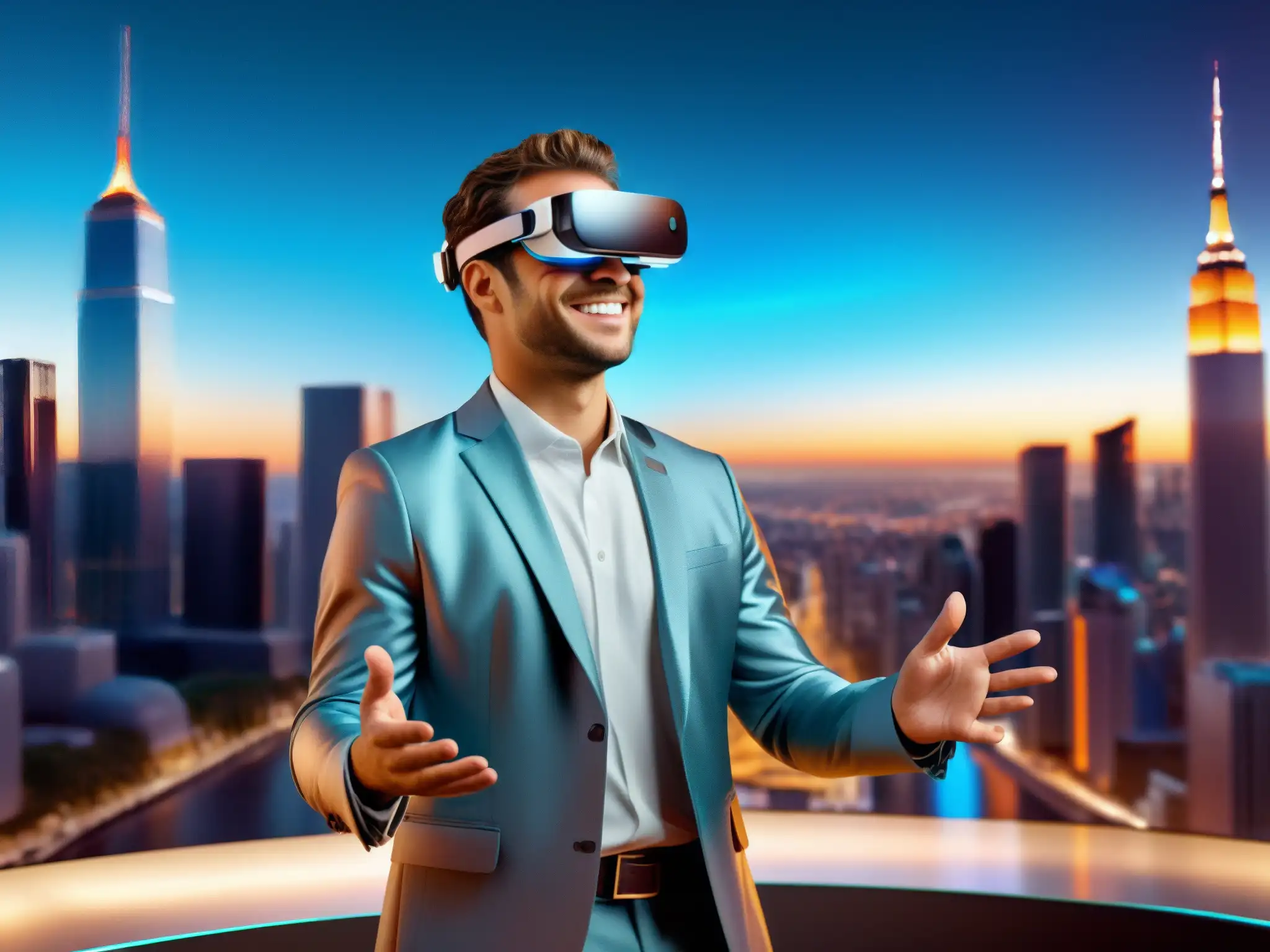 Persona usando gafas de realidad aumentada para personalizar su fondo virtual con elementos holográficos, creando un ambiente profesional y envolvente