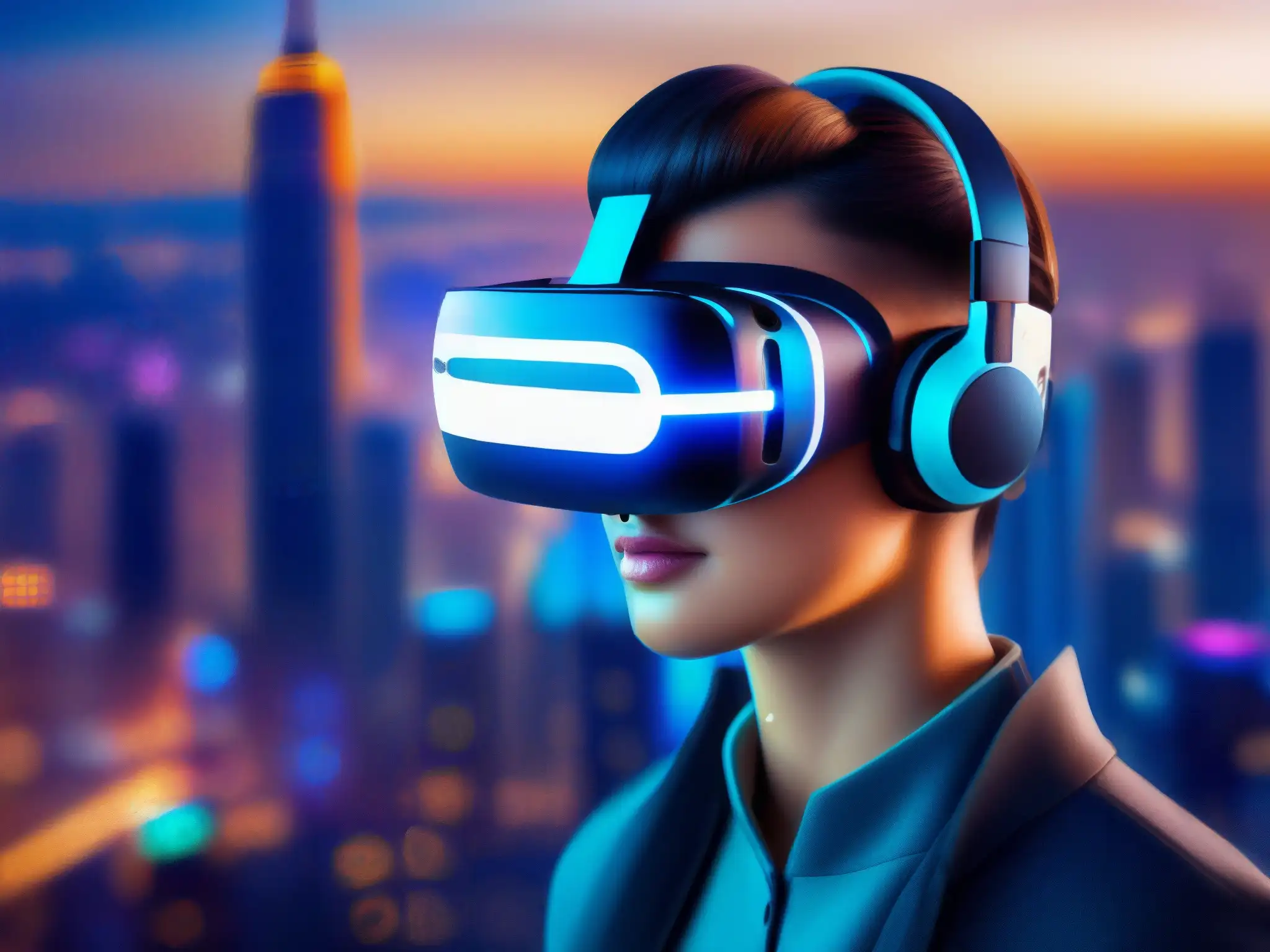 Una persona usando gafas de realidad virtual con fondo de ciudad futurista, mostrando la personalización de fondos y filtros con IA en videoconferencias