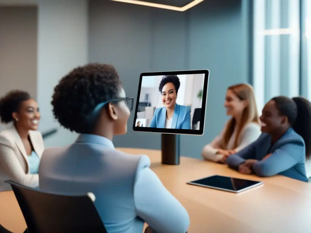 Empoderamiento en videoconferencia inclusiva Una persona con diversas habilidades motoras participa en una videoconferencia usando comandos de voz en un entorno moderno y espacioso
