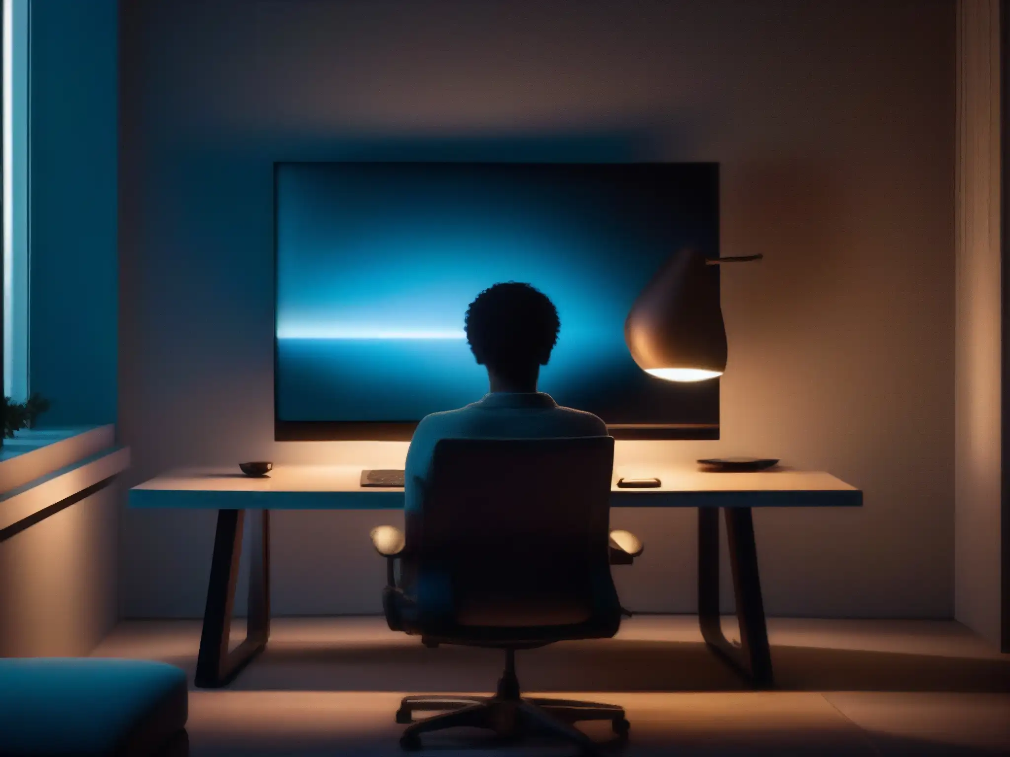 Reflexión profesional ante la pantalla Persona en una habitación con luz tenue frente a una pantalla de computadora, expresión de reticencia al uso de video