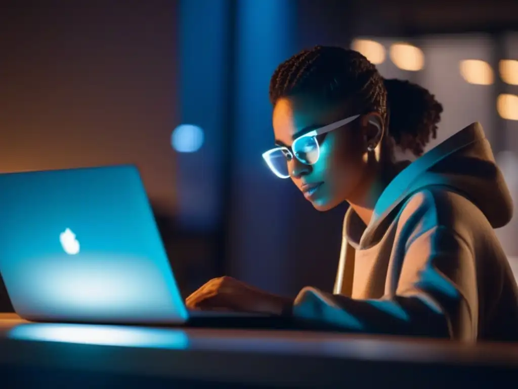 Privacidad digital: ajustes en la sombra Persona en habitación tenue ajustando técnicas de anonimato en videoconferencias para proteger su privacidad, reflejo del portátil en sus gafas