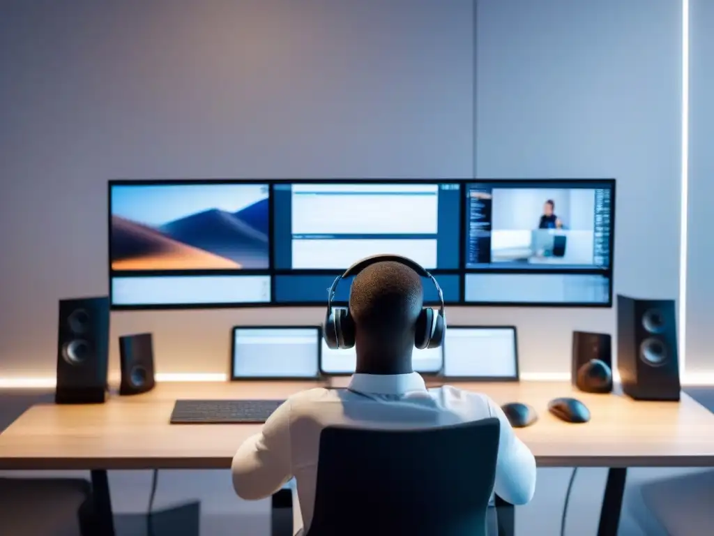 Ajustando sonido en videoconferencia en un ambiente minimalista Persona ajustando herramientas de videoconferencia para controlar ruido ambiental en un moderno escritorio minimalista
