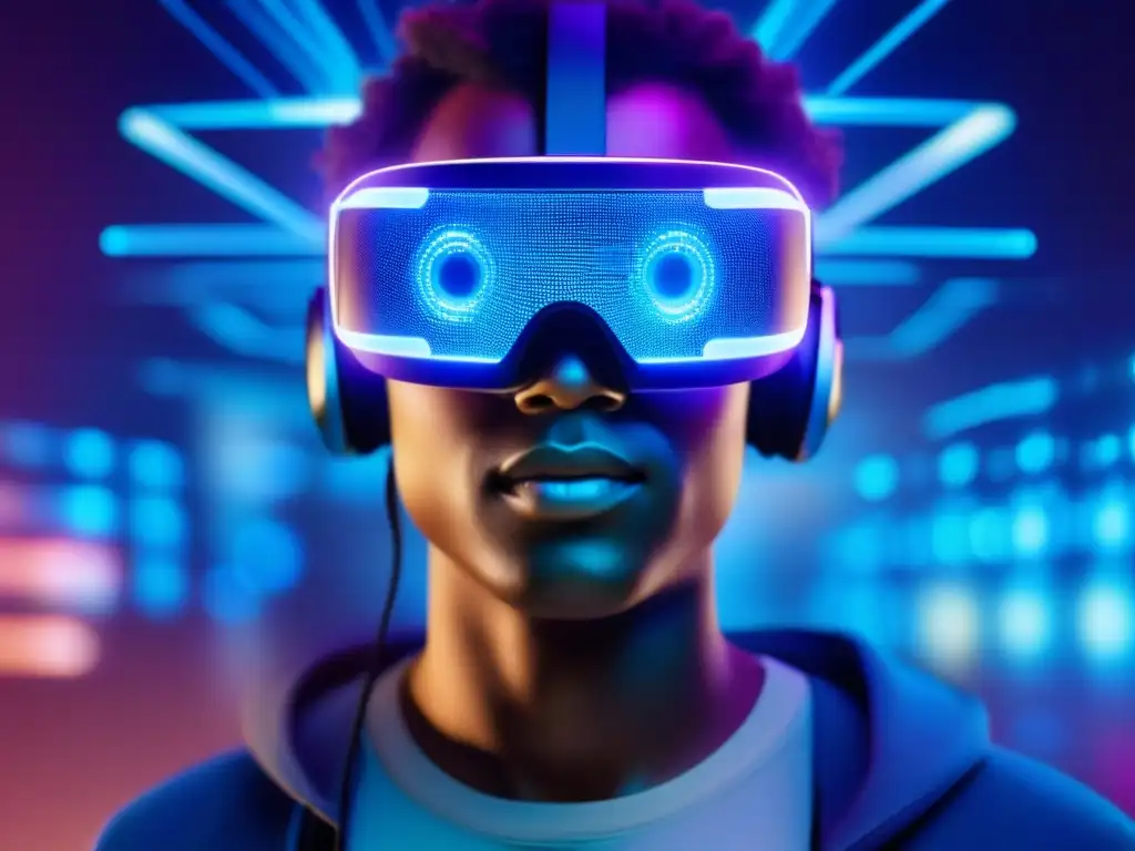 Realidad virtual: Identidad digital y seguridad Persona usando VR con hologramas de gestión de identidades en videoconferencia, representando las mejores prácticas