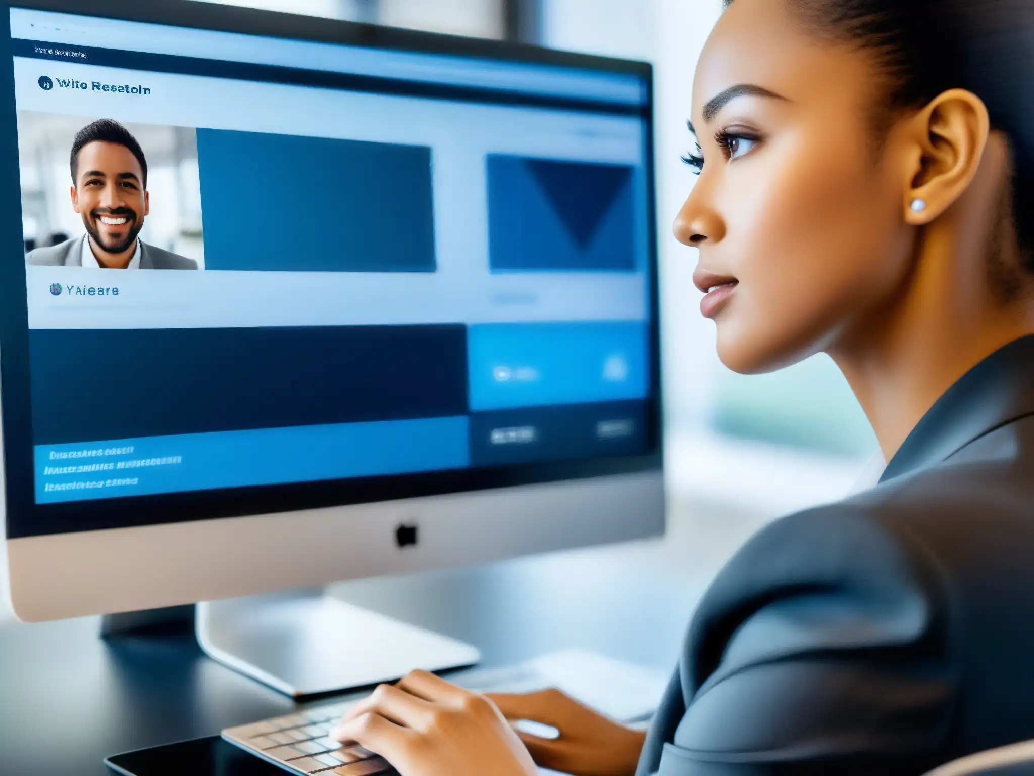 Accesibilidad tecnológica en acción: Navegando con determinación Una persona usa un lector de pantalla en videoconferencia, reflejando concentración y determinación