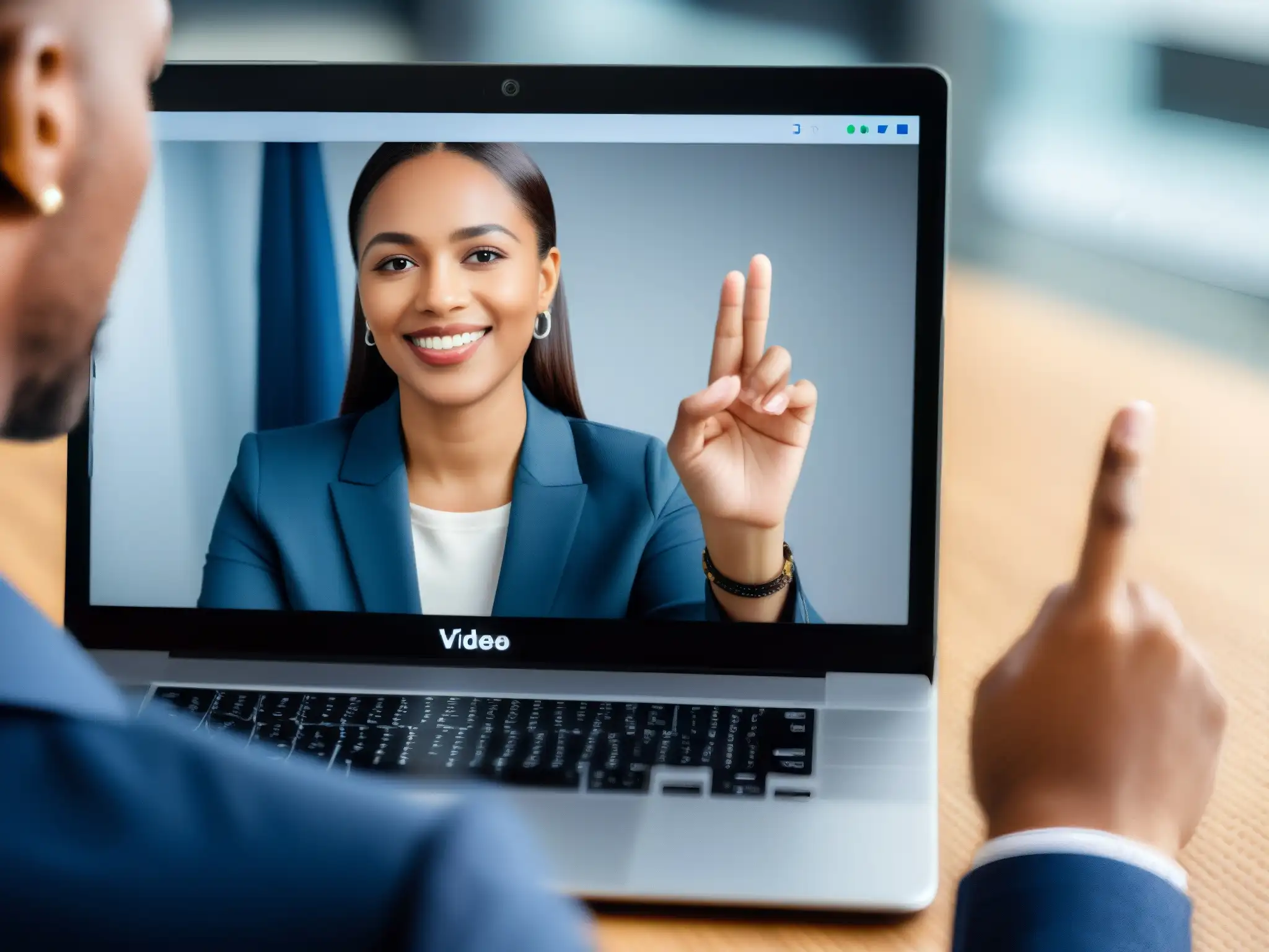 Comunicación en Lengua de Signos: Accesibilidad Profesional Persona usando lenguaje de señas en videoconferencia, destacando avances en accesibilidad en videoconferencias