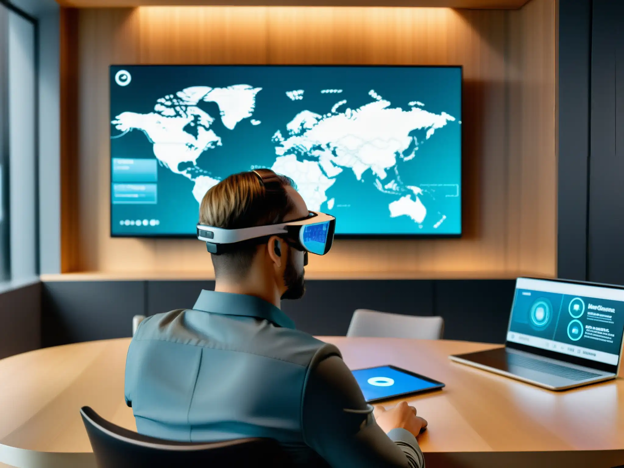Conferencia virtual inmersiva con realidad aumentada Persona usando lentes de realidad aumentada en videoconferencias, interactuando con gráficos 3D y colegas virtuales en una sala futurista