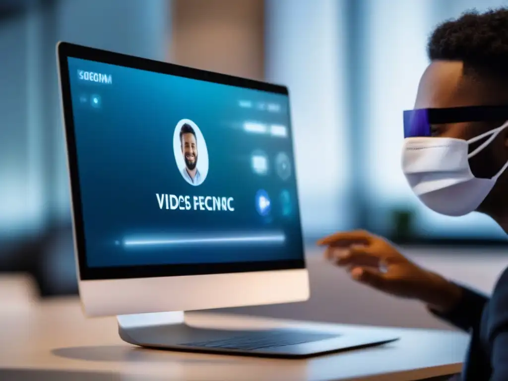 Privacidad en Videoconferencias: Protección Profesional Persona con mascarilla y cubierta de cámara web en videoconferencia, enfocando en técnicas de anonimato y privacidad