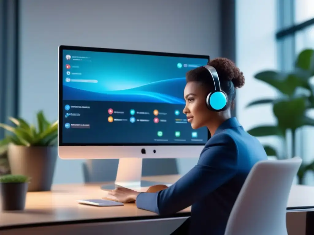 Profesional en videoconferencia con dispositivos modernos Persona usando la mejor plataforma de videoconferencia, con gestión del tiempo eficiente en un entorno moderno y organizado