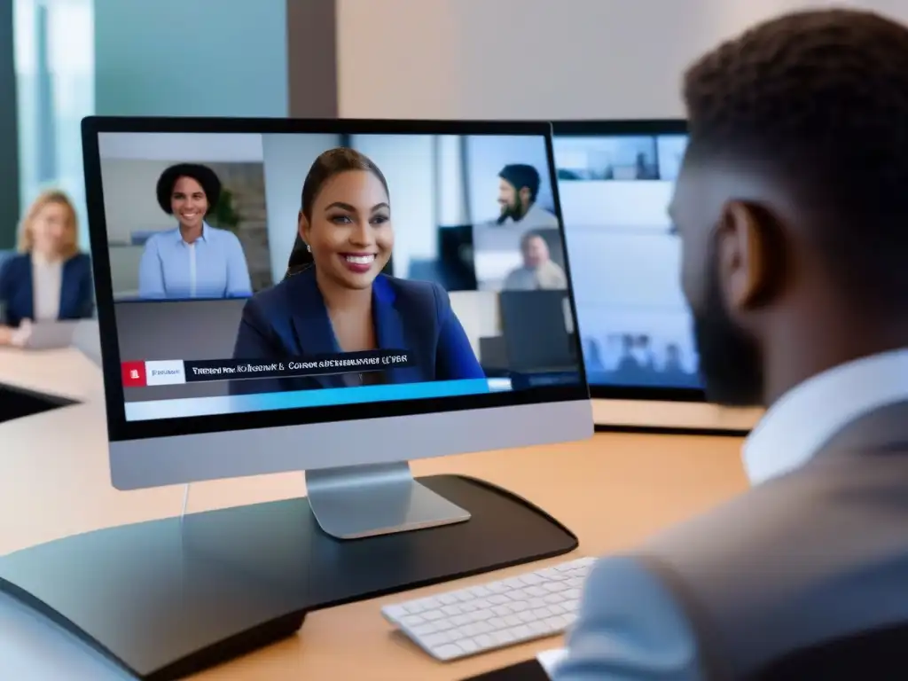 Videoconferencia con Subtítulos en Tiempo Real para Reuniones Profesionales Persona usando el mejor servicio de videoconferencia con subtítulos en tiempo real, en una reunión profesional con transcripciones en pantalla