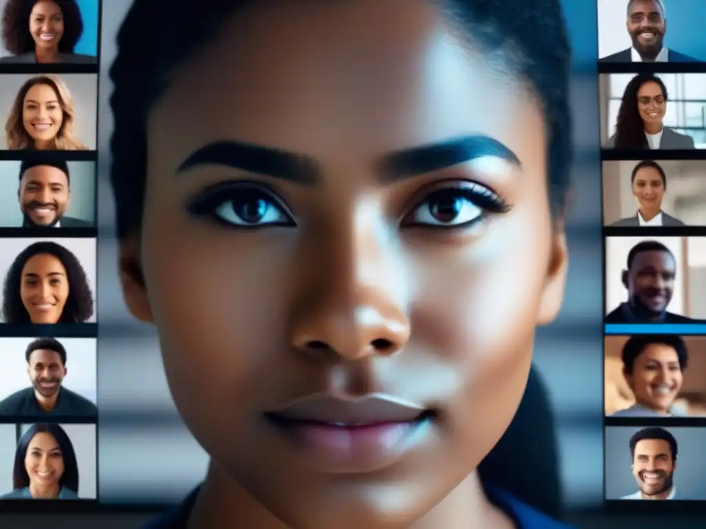 Avanzada tecnología de seguimiento ocular en videoconferencias Persona con mejoras seguimiento ocular facial en videoconferencias, expresando emociones en llamada virtual