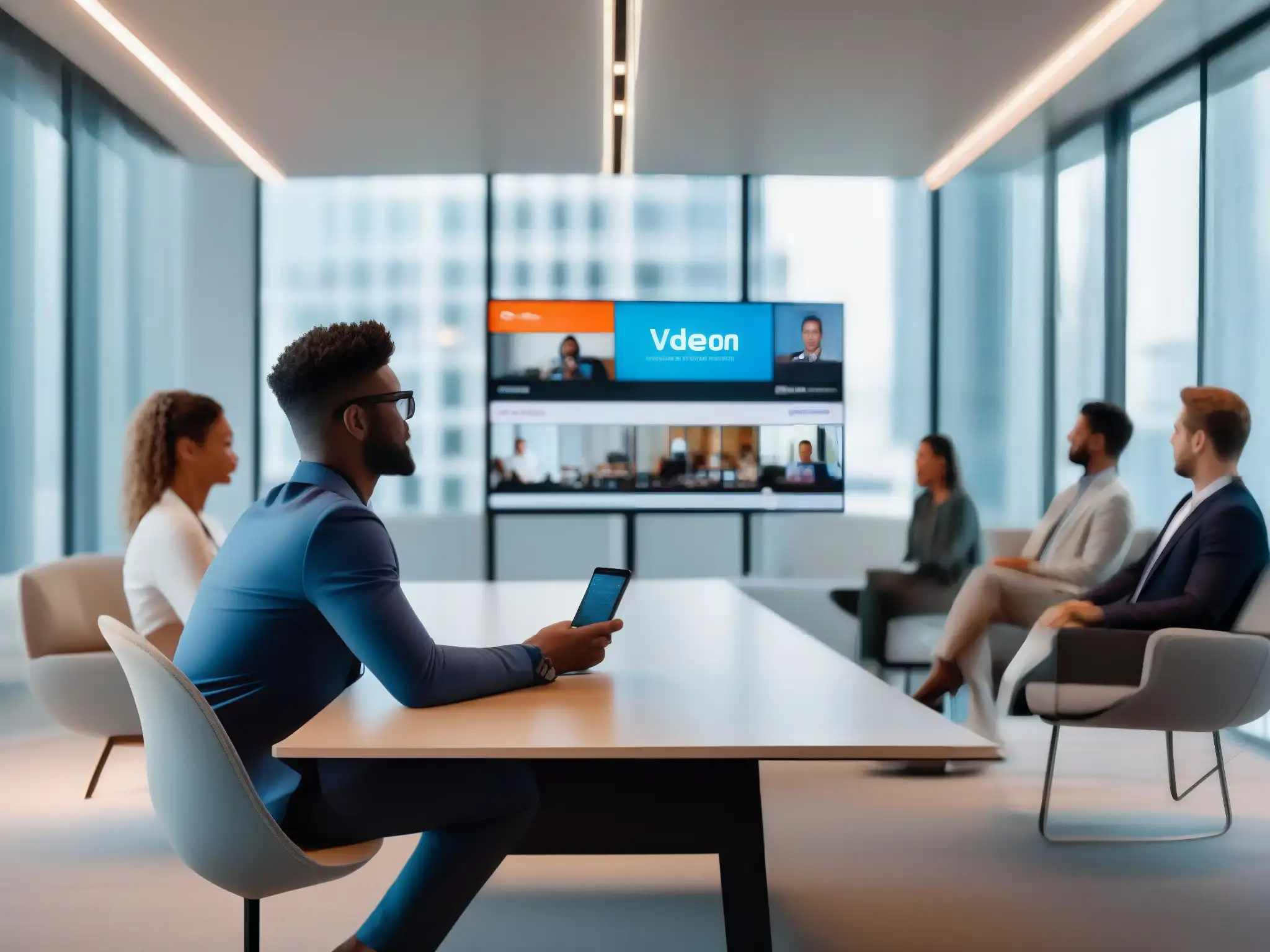 Profesional en videoconferencias: Oficina moderna con pantalla dividida Persona en moderna oficina con smartphone y videoconferencias en Teams, Meet y Zoom